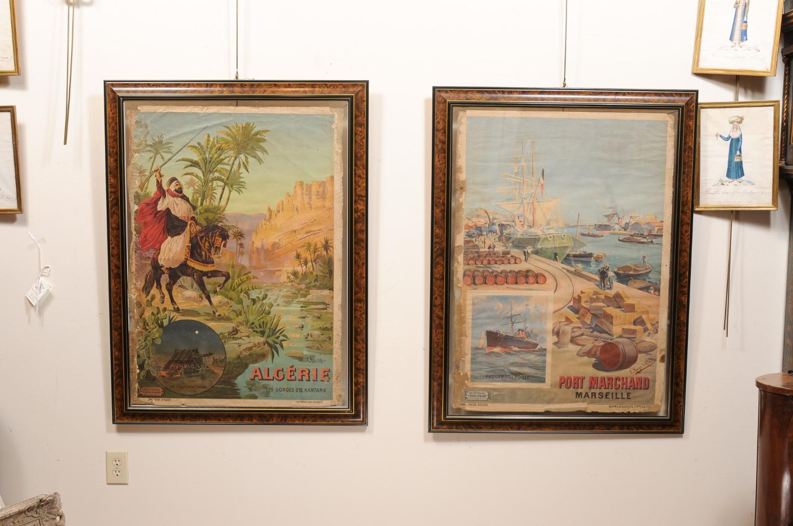 Zwei gerahmte Original-Reisewerbungen aus dem frühen 20. Jahrhundert aus Frankreich, Öl auf Leinen gemalt