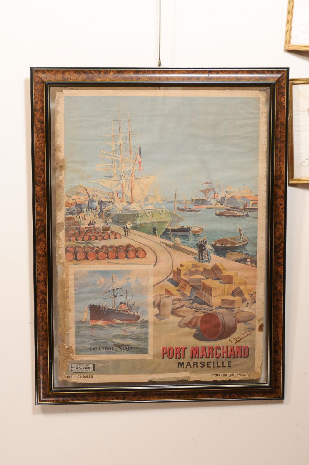 Linen Pair of Framed Original Early 20th Century French Travel Advertisements For Sale