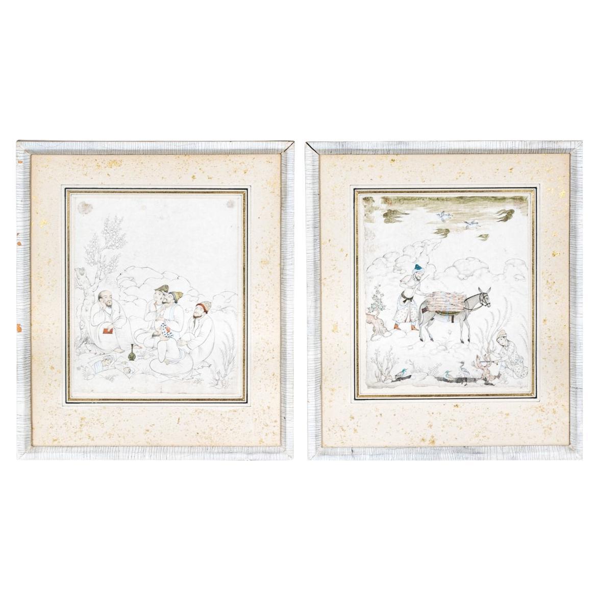 Coppia di disegni a matita originali persiani incorniciati in vendita