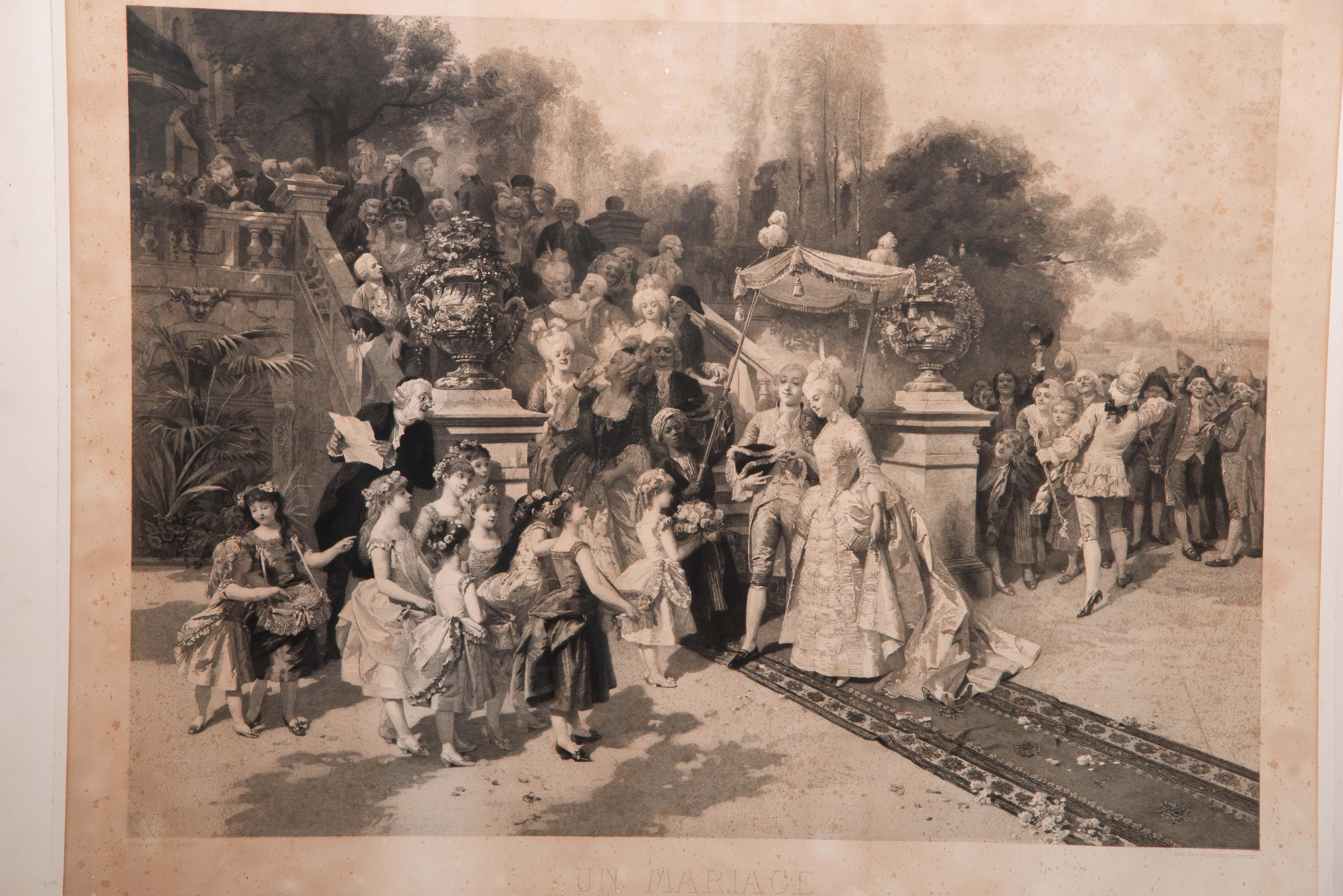 Ein Paar gerahmte Drucke, Hochzeit und Taufe. ALPHONSE LAMOTTE (1844-1914). 
Zwei gerahmte Kupferstiche, die eine Hochzeit bzw. eine Taufe darstellen und aufgrund der Kleidung und der Umgebung der Werke Personen der Oberschicht zeigen. Wie dort im