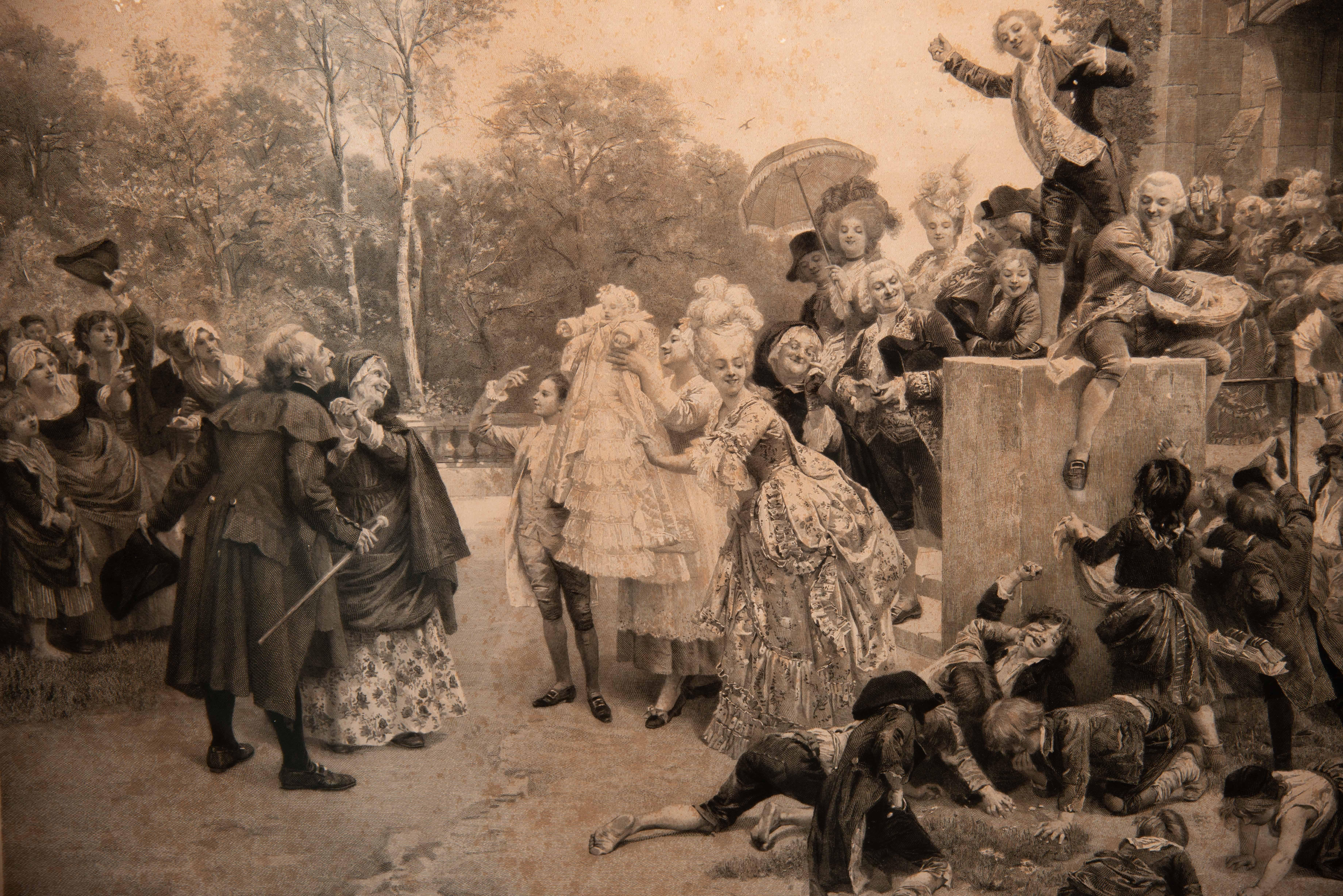 Pair of framed prints, Wedding and Baptism. ALPHONSE LAMOTTE (1844-1914). im Zustand „Starke Gebrauchsspuren“ im Angebot in Madrid, ES