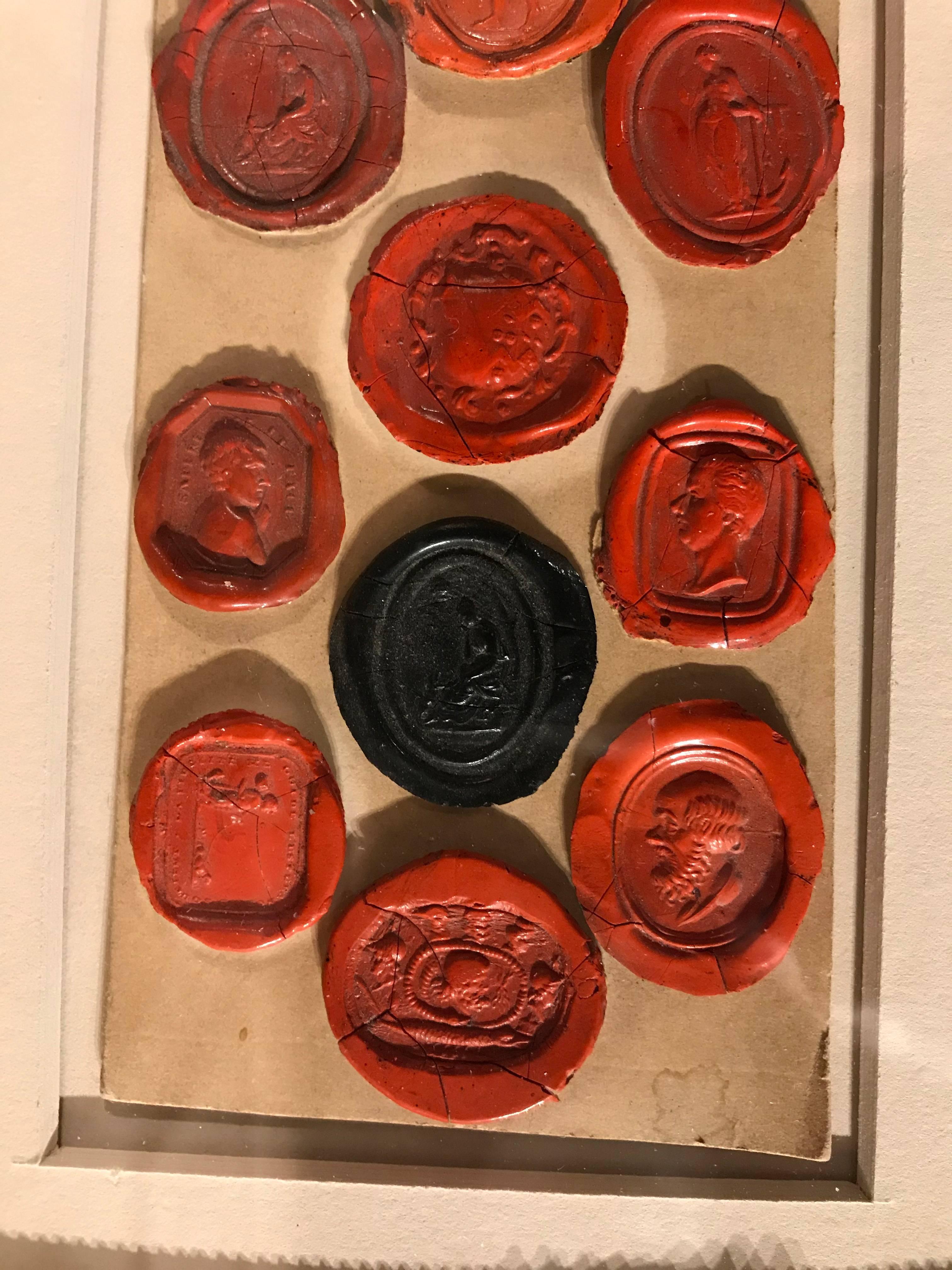 Neoclassical Pair of Framed Red and Black Wax Intaglio Seals