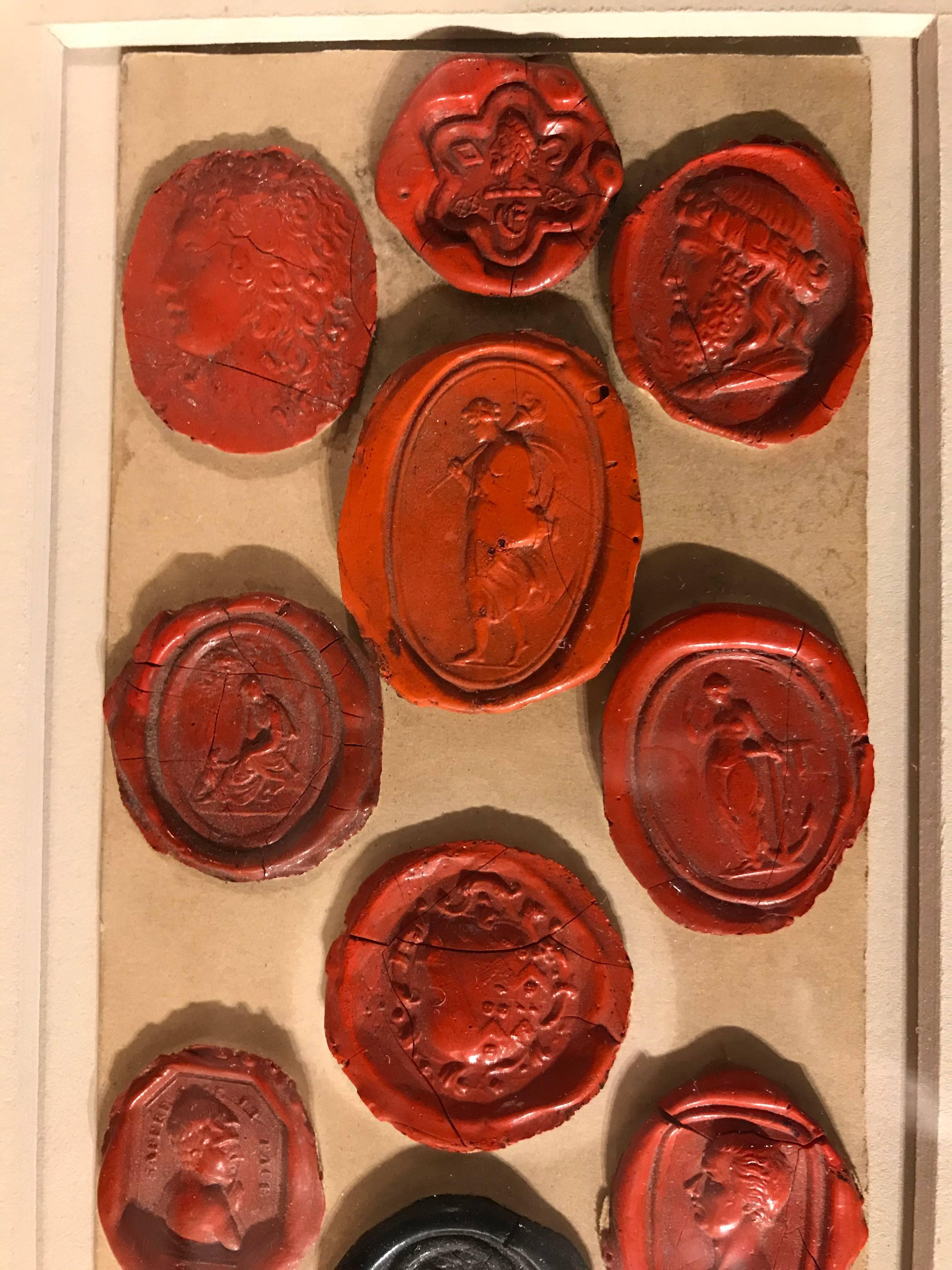 Pair of Framed Red and Black Wax Intaglio Seals In Excellent Condition In Stamford, CT