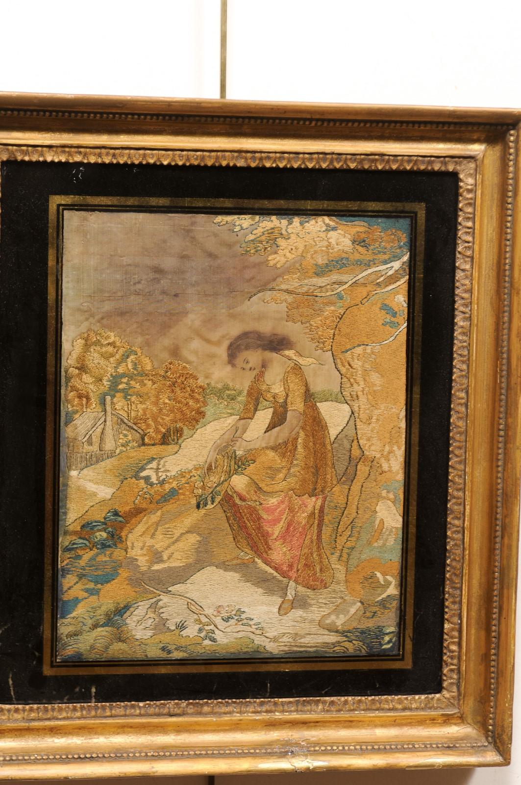 Pair of Framed Silk Embroidery, 19th Century England For Sale 1