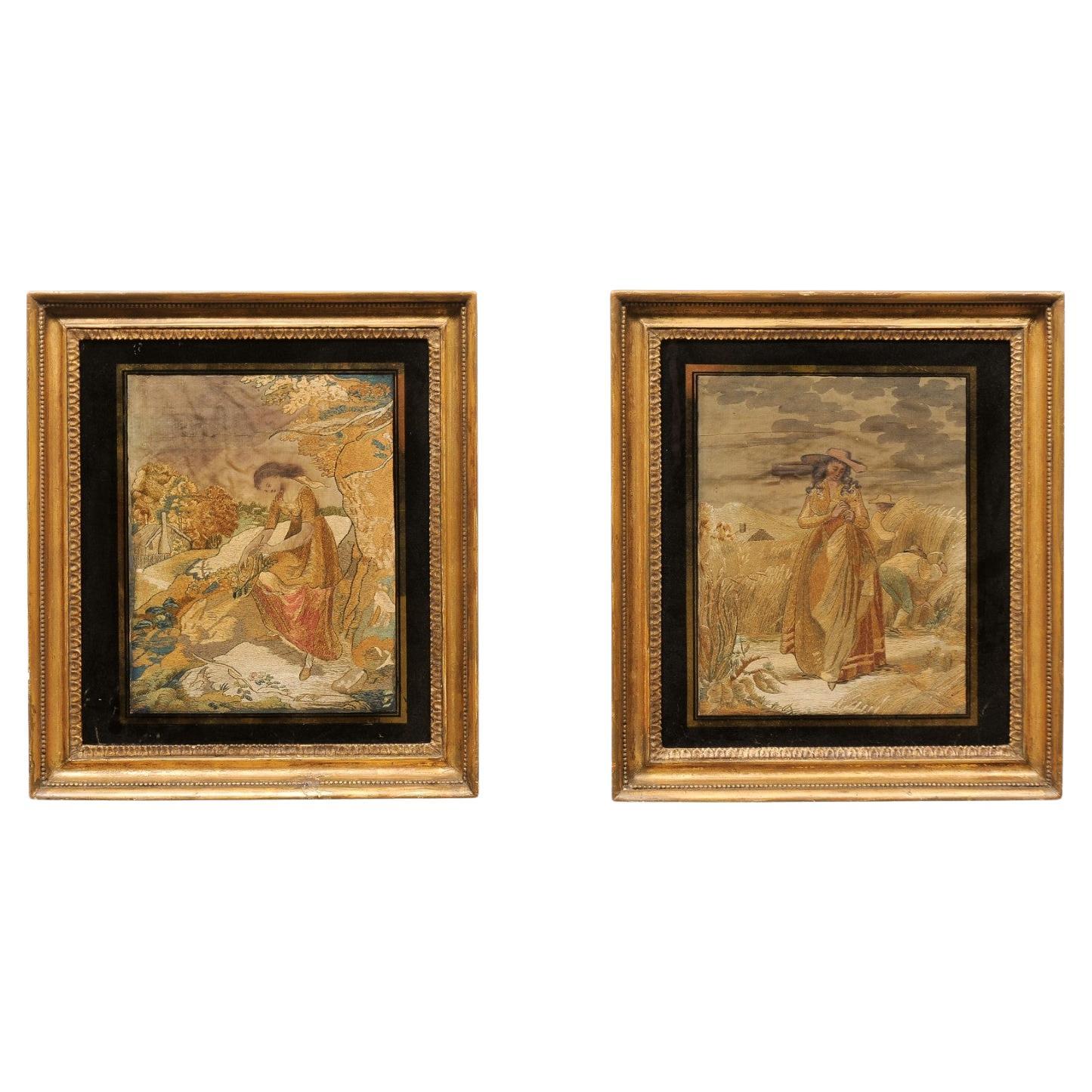 Pair of Framed Silk Embroidery, 19th Century England For Sale