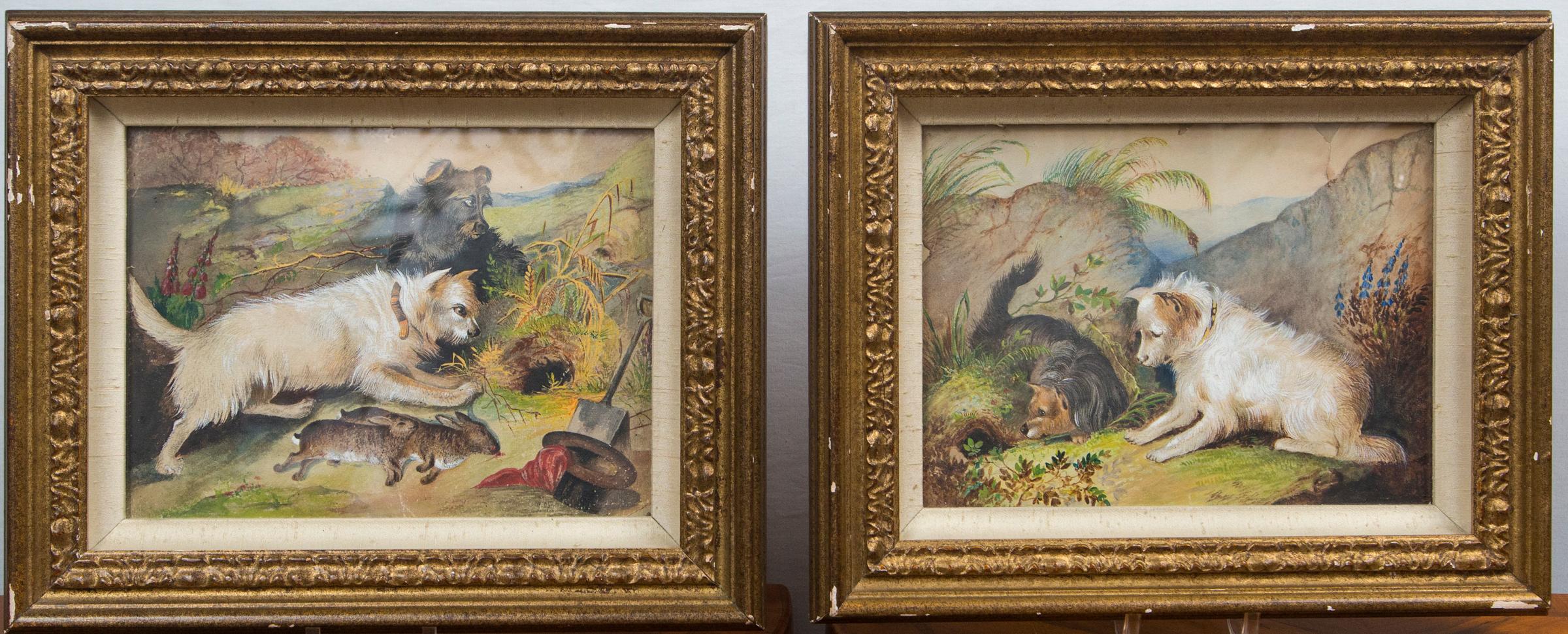Each watercolor shows 2 different terriers. One with a pair of hunted rabbits, the other with the 2 dogs at the entrance to a burrow. Signed G. Operti, lower right. (giovanni operti) Frames are of modern make. Label on back Beard Art Gallery,