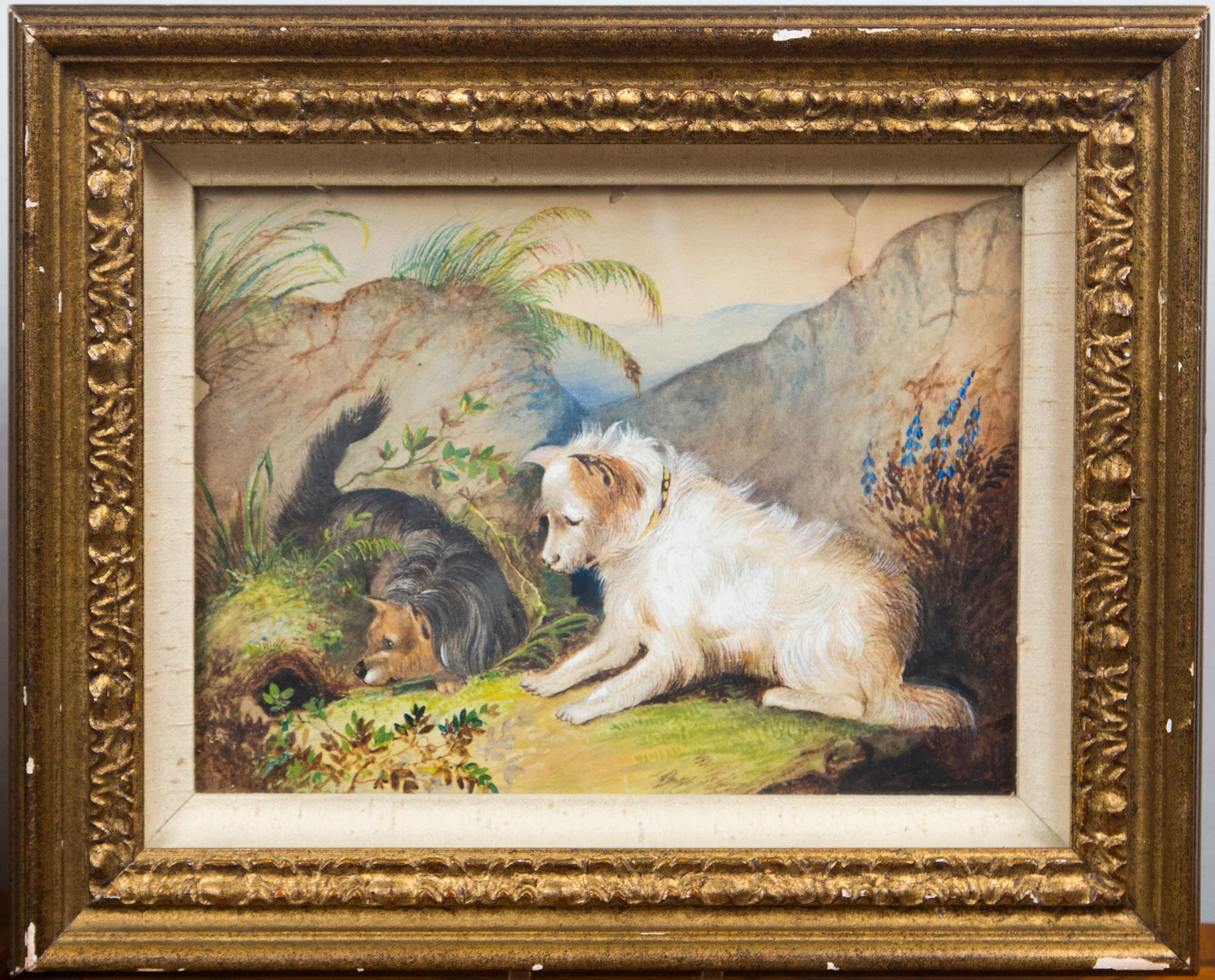 Hand-Painted Pair of Framed Terriers on the Hunt For Sale
