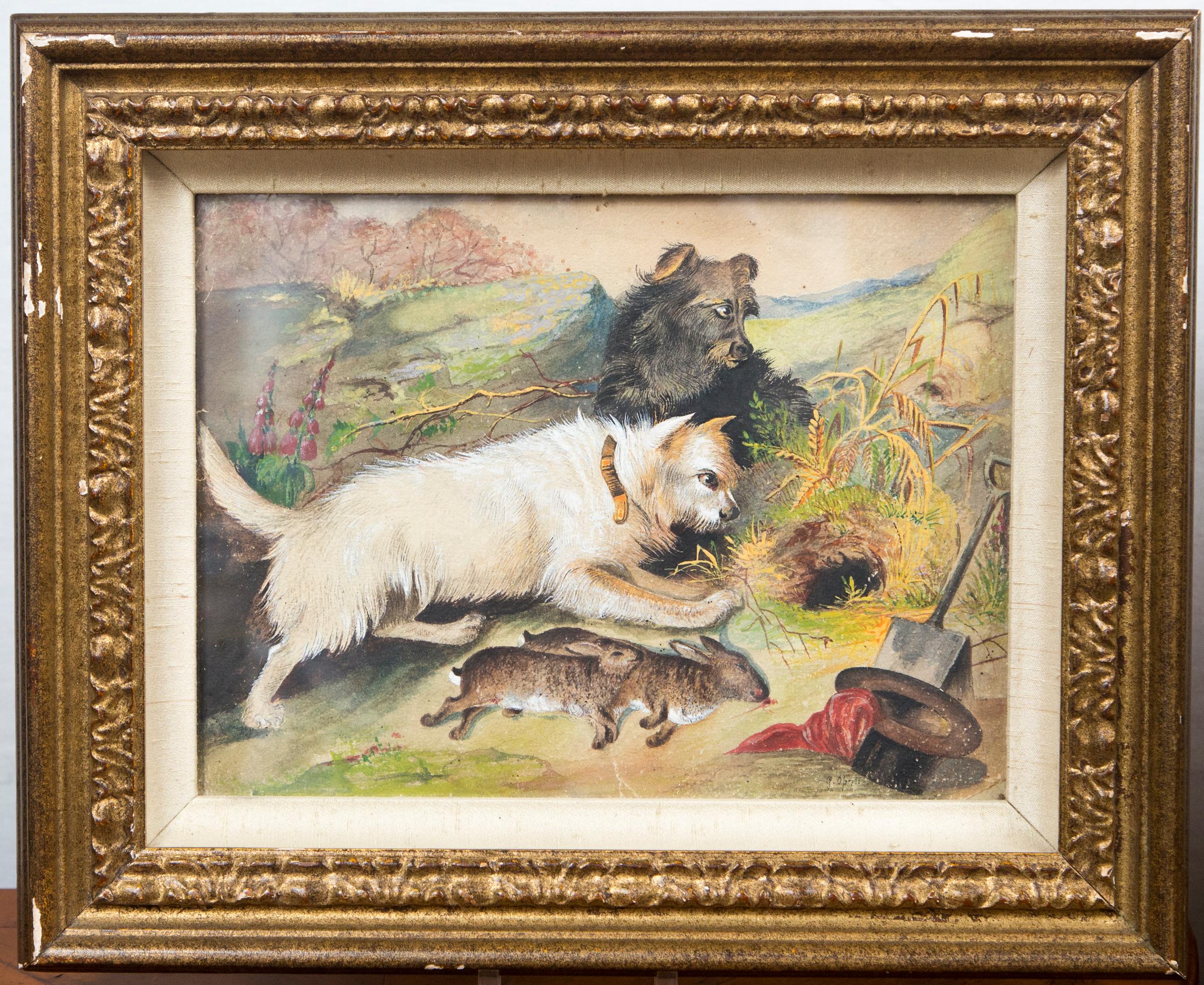 Pair of Framed Terriers on the Hunt In Good Condition For Sale In Woodbury, CT