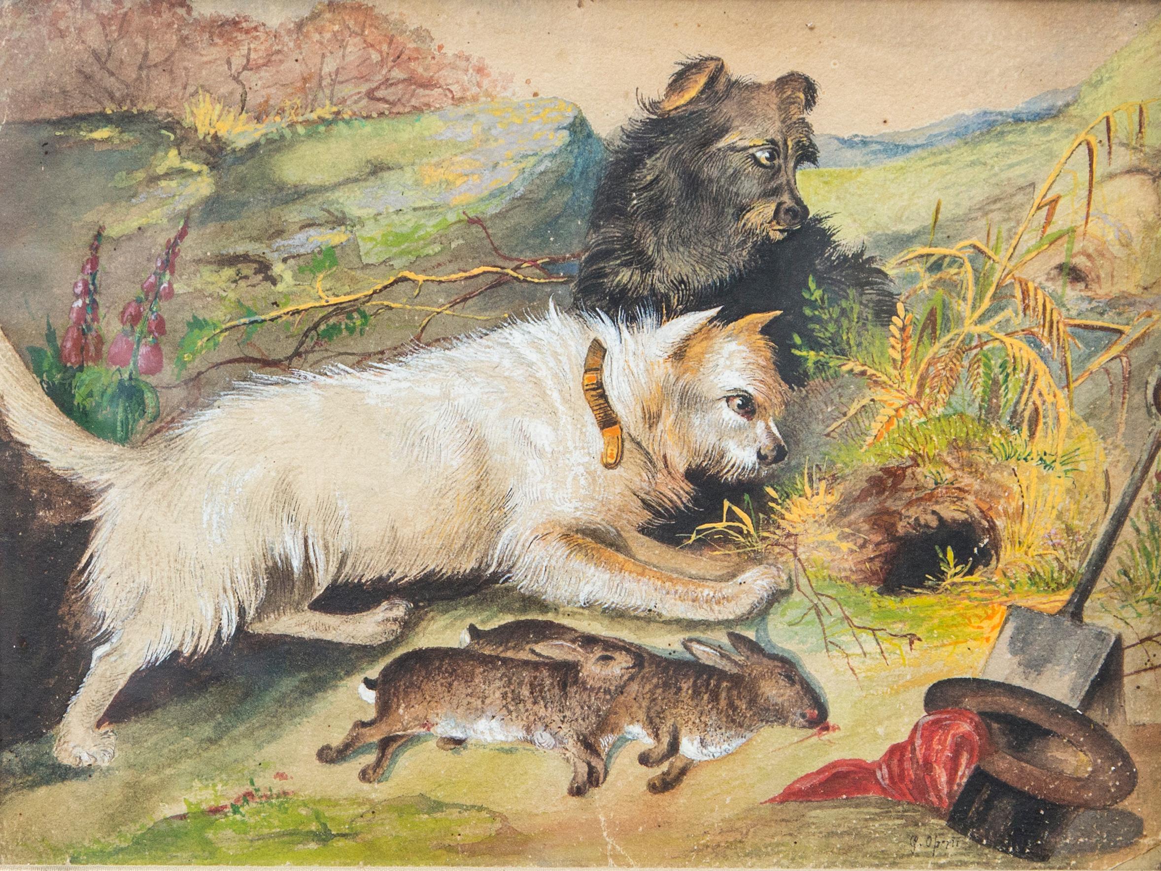 19th Century Pair of Framed Terriers on the Hunt For Sale