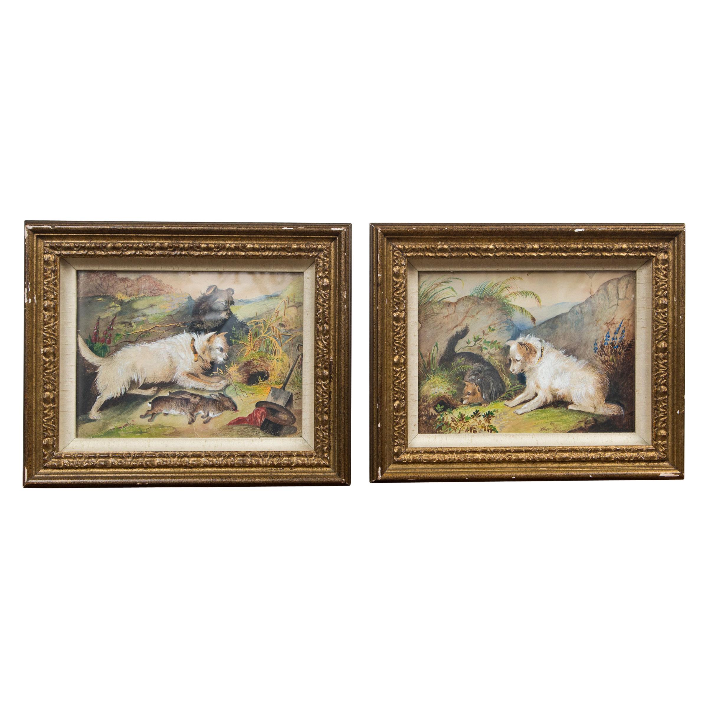 Pair of Framed Terriers on the Hunt For Sale