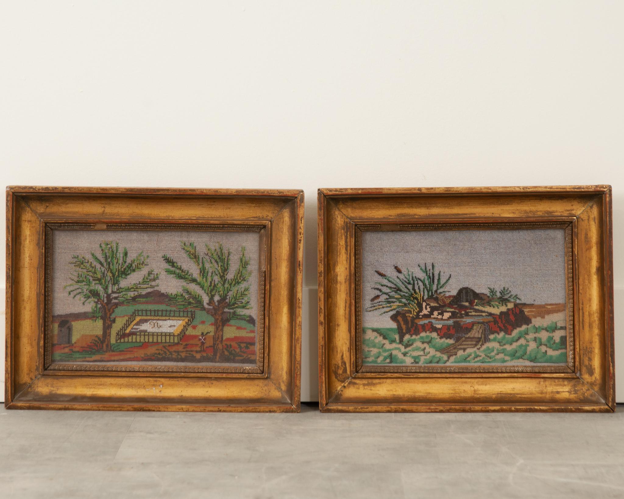A pair of beautiful fabric & glass beadwork framed memorial landscape scenes. Carved giltwood framed with a wonderful patina. The beadwork is in excellent condition. Both depict burial sites; one watched over by a soldier, one on the coast with a