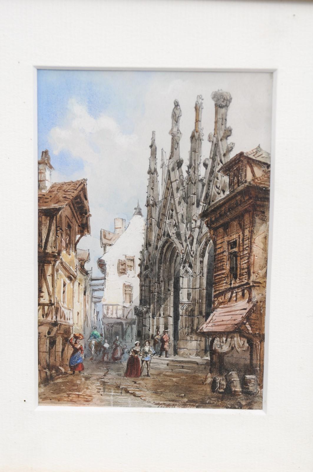 Pair of Framed Watercolors Depicting Gothic Churches by Théodore Henri Mansson For Sale 4
