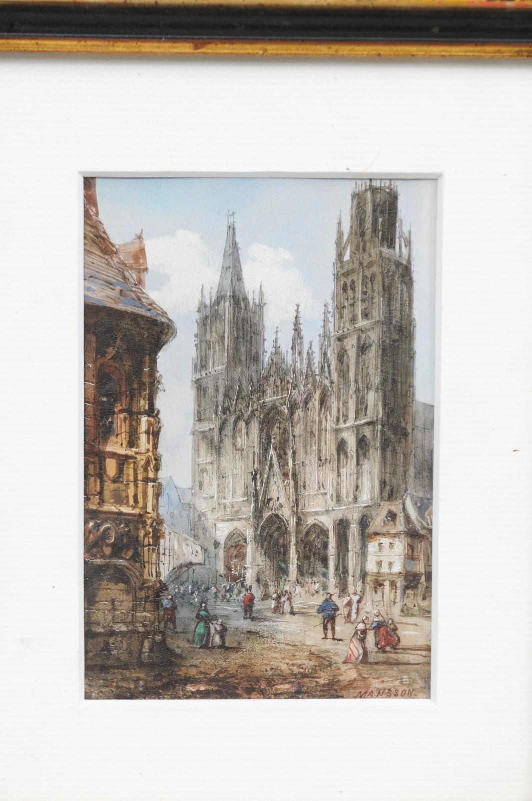 Pair of Framed Watercolors Depicting Gothic Churches by Théodore Henri Mansson For Sale 5