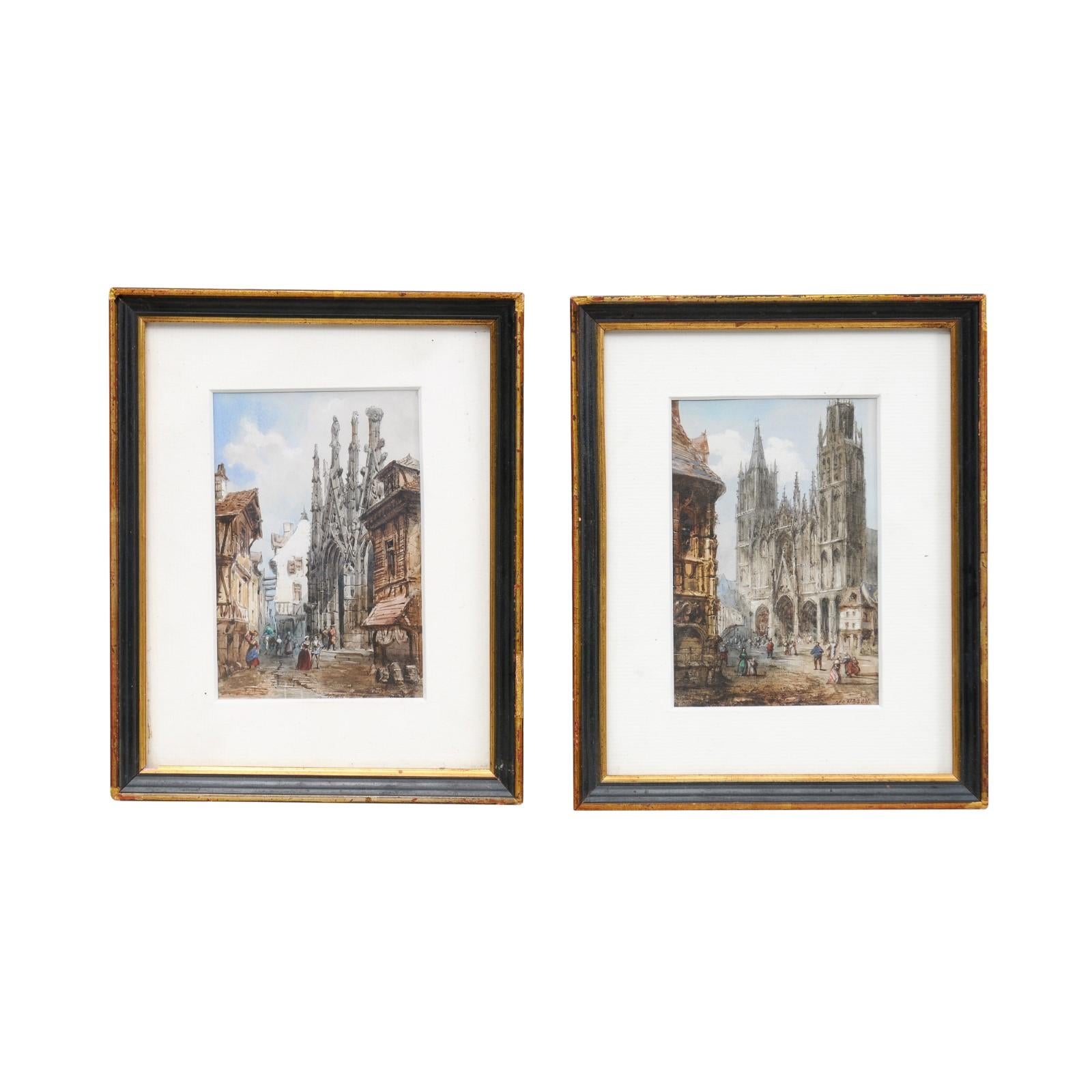 Pair of Framed Watercolors Depicting Gothic Churches by Théodore Henri Mansson For Sale 7
