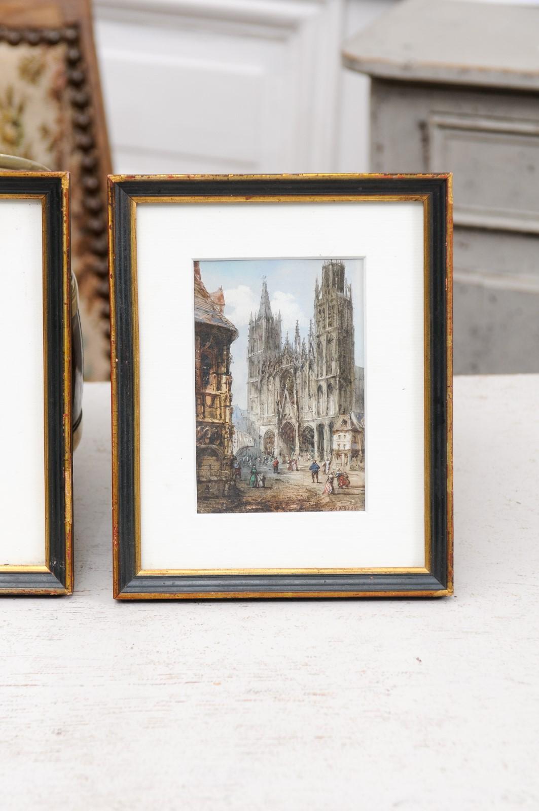 A pair of French framed watercolors from the mid 19th century by Théodore Henri Mansson depicting Gothic churches in medieval settings. Created in France by talented and tireless traveler watercolorist Théodore-Henri Mansson (1811 – 1850) during the