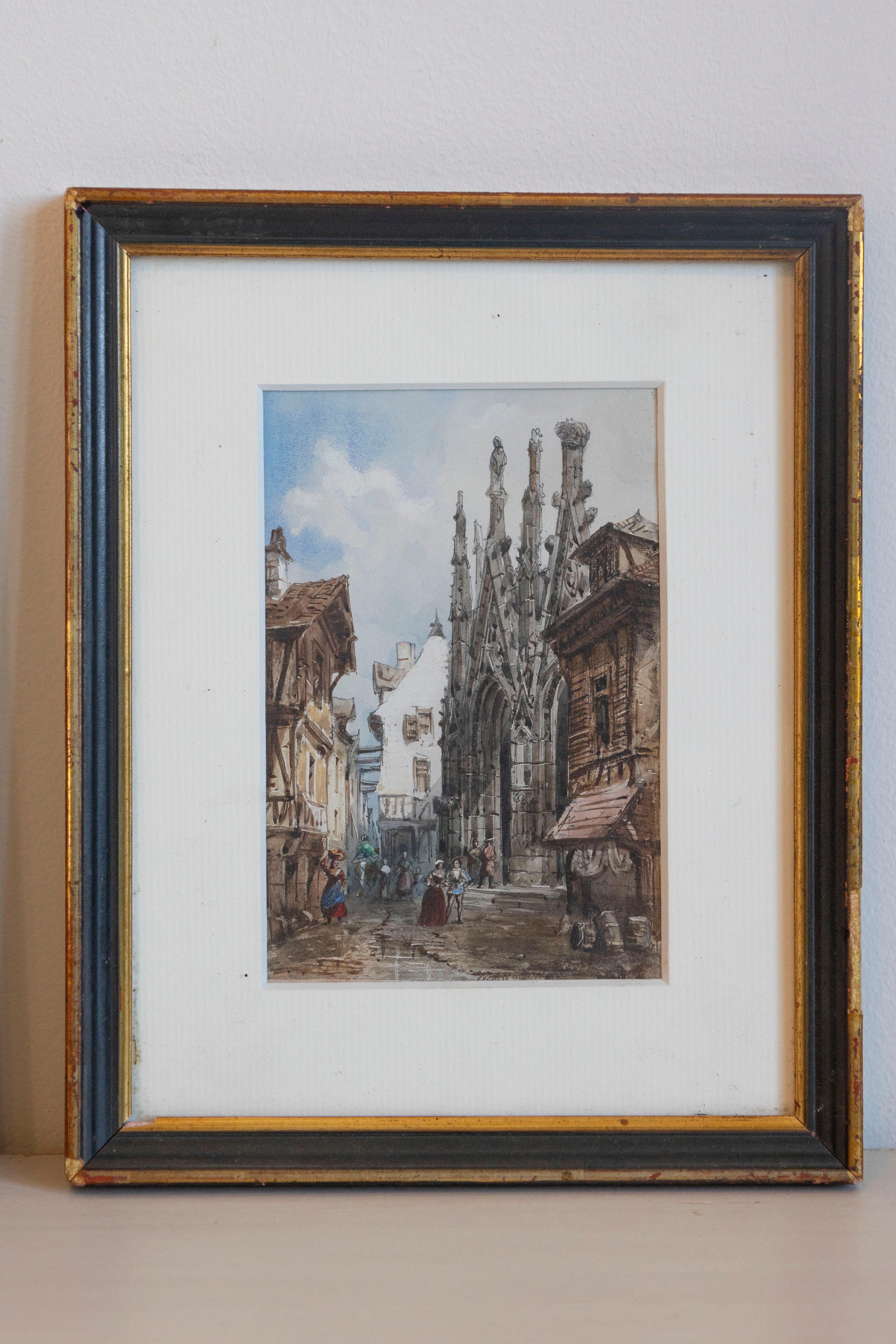 Francese Coppia di acquerelli incorniciati raffiguranti chiese gotiche di Théodore Henri Mansson in vendita