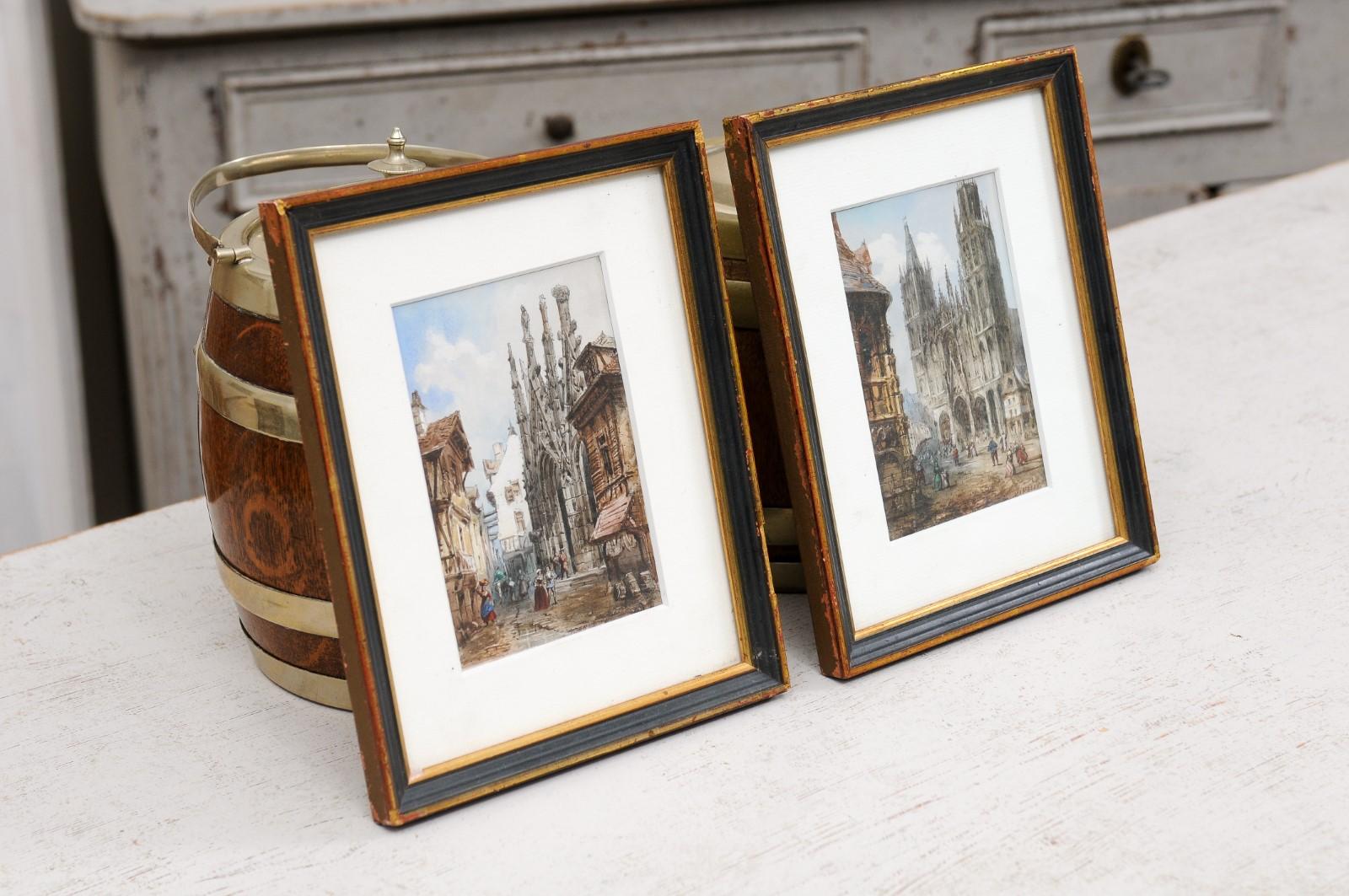 Pair of Framed Watercolors Depicting Gothic Churches by Théodore Henri Mansson In Good Condition For Sale In Atlanta, GA