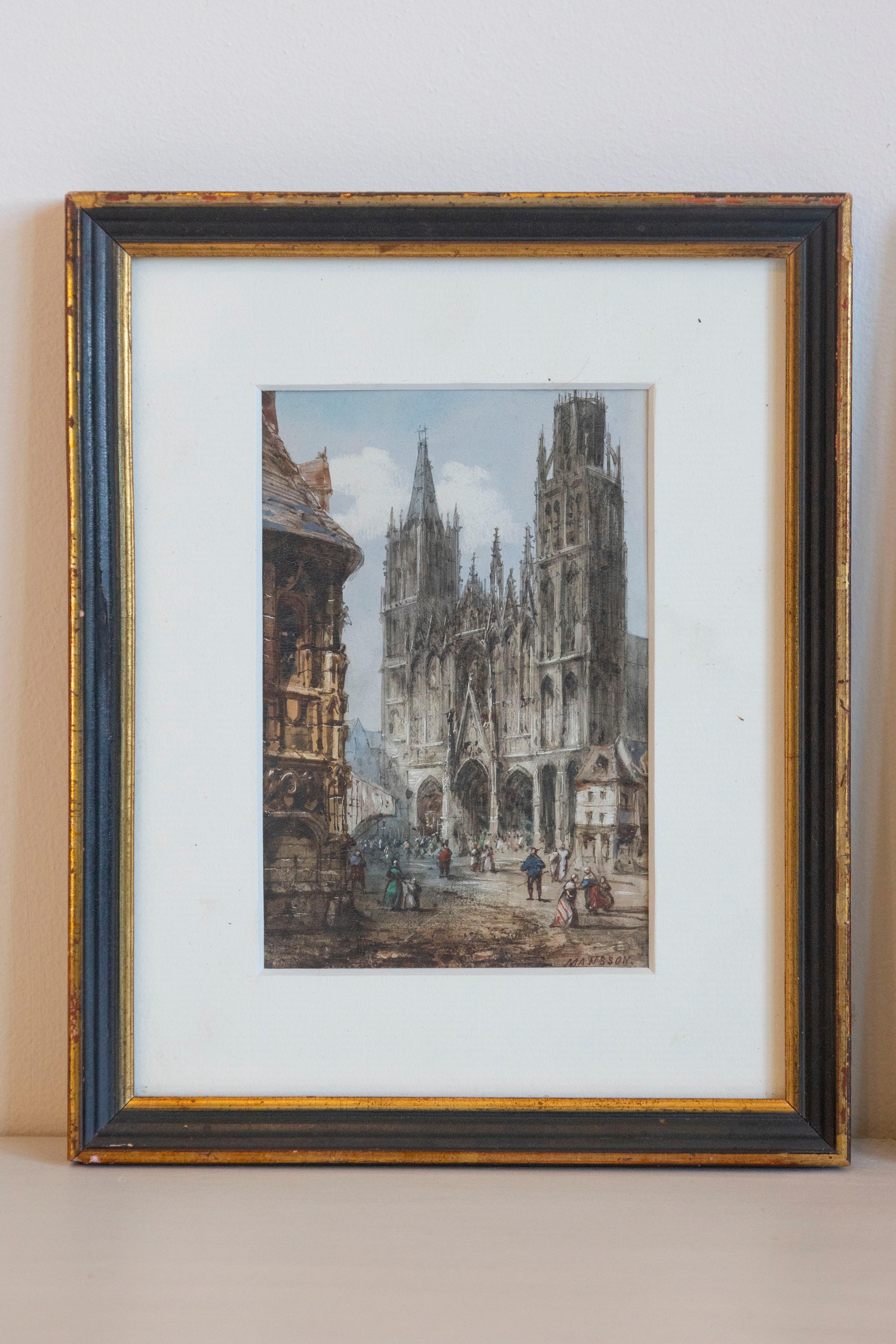 Coppia di acquerelli incorniciati raffiguranti chiese gotiche di Théodore Henri Mansson In condizioni buone in vendita a Atlanta, GA
