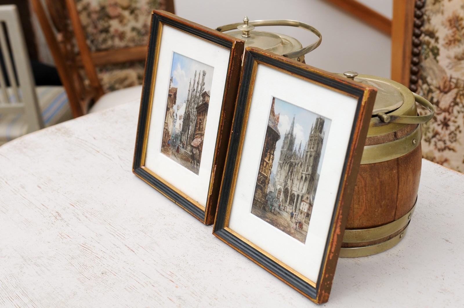 19th Century Pair of Framed Watercolors Depicting Gothic Churches by Théodore Henri Mansson For Sale