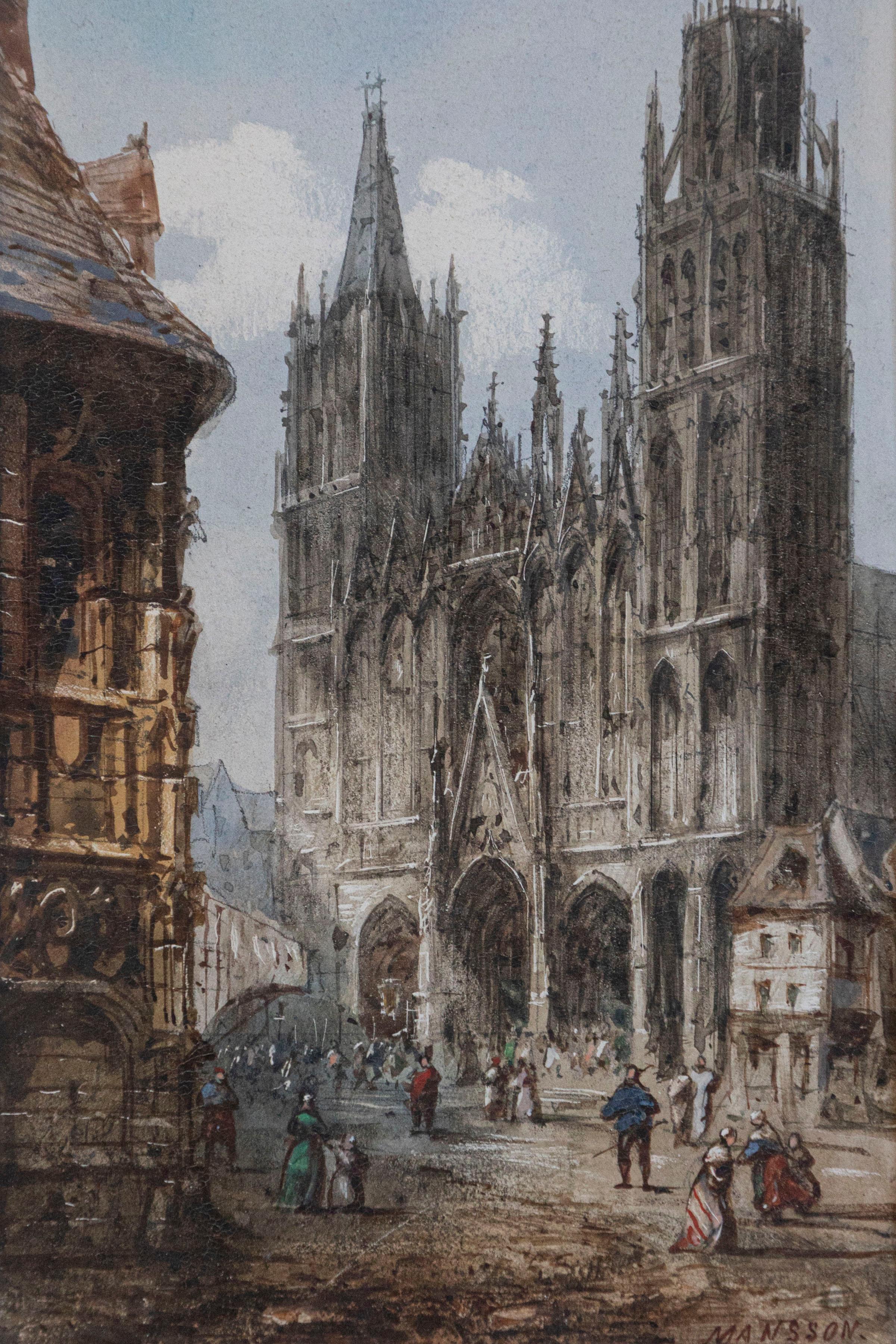 XIX secolo Coppia di acquerelli incorniciati raffiguranti chiese gotiche di Théodore Henri Mansson in vendita