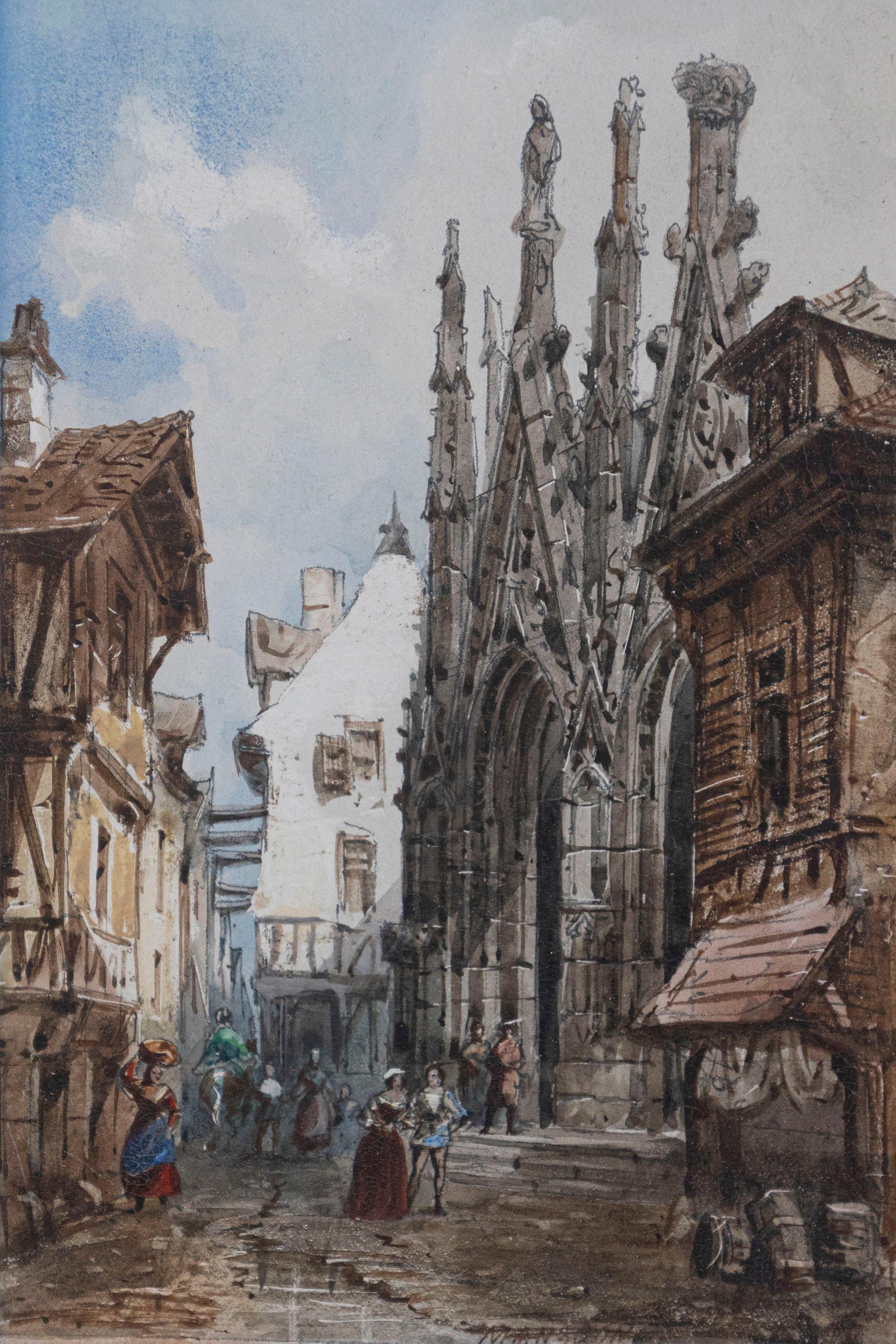 Legno Coppia di acquerelli incorniciati raffiguranti chiese gotiche di Théodore Henri Mansson in vendita