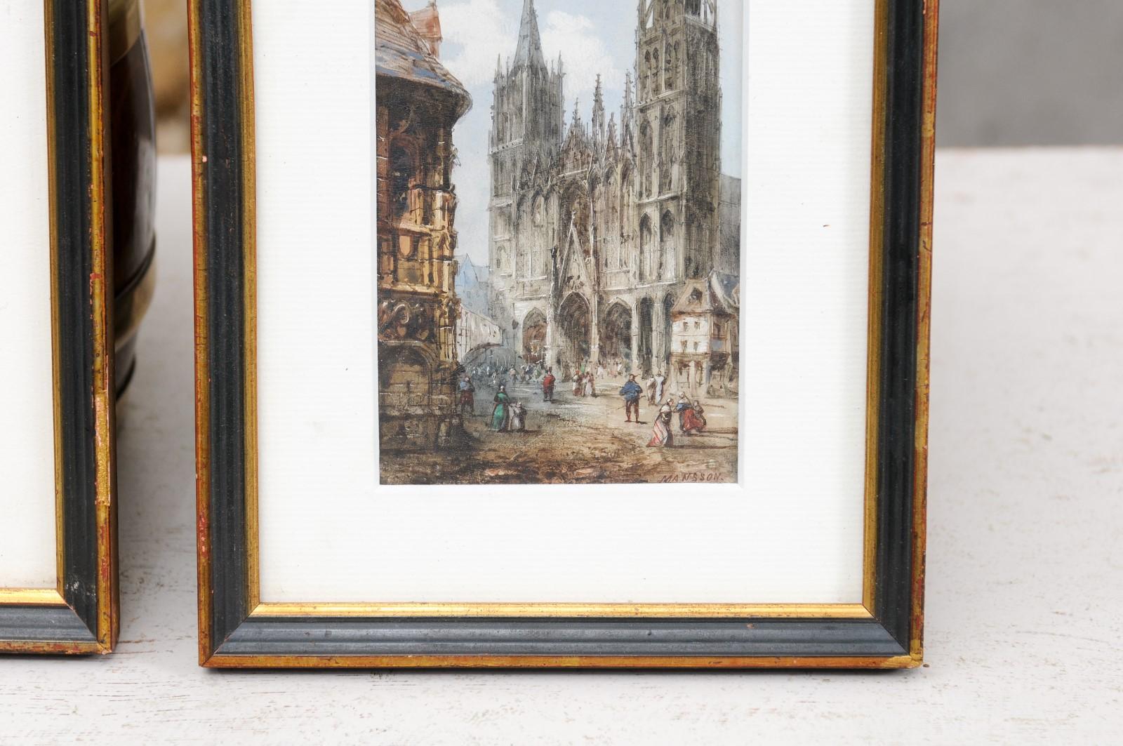 Paire d'aquarelles encadrées représentant des églises gothiques par Thodore Henri Mansson en vente 1