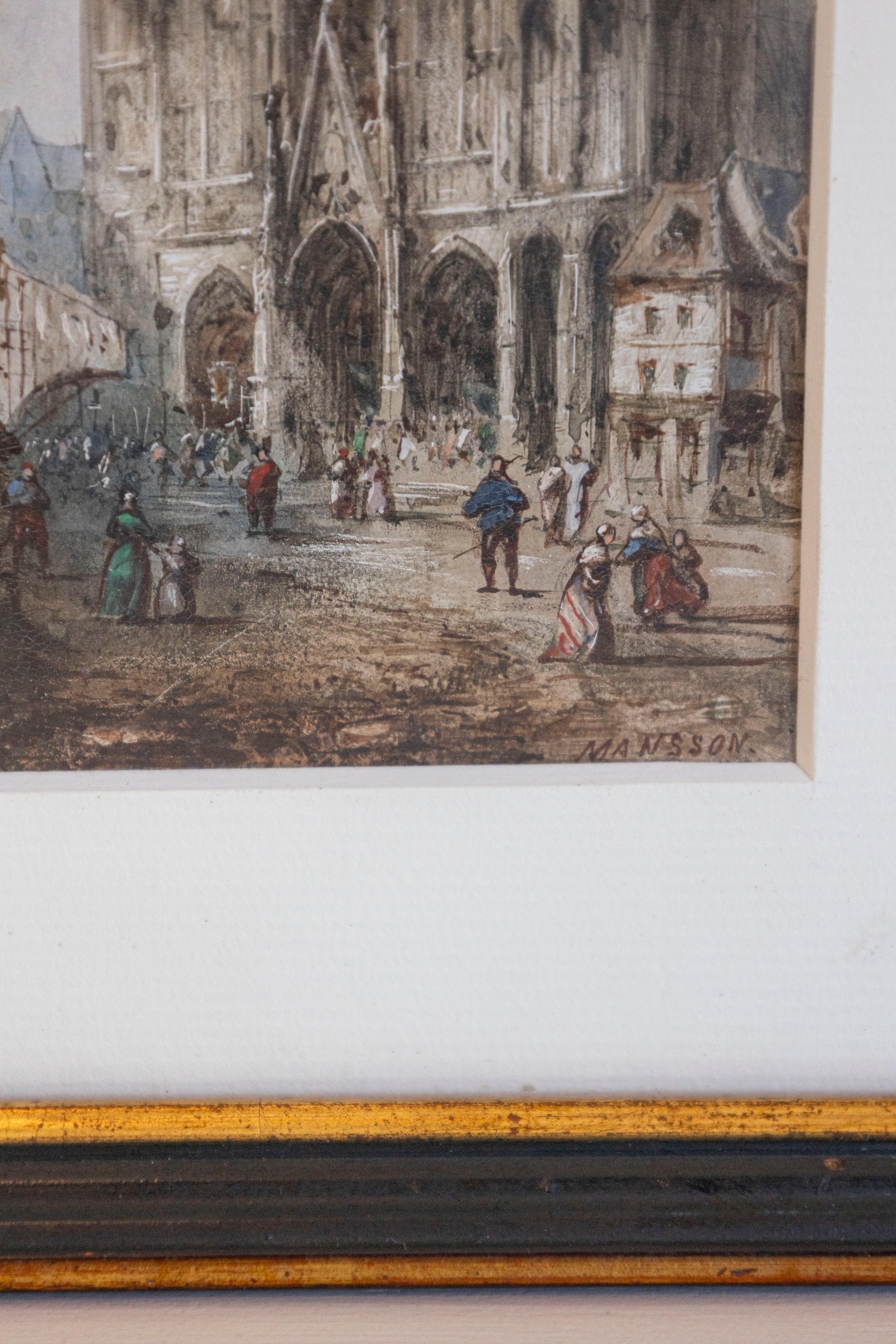 Coppia di acquerelli incorniciati raffiguranti chiese gotiche di Théodore Henri Mansson in vendita 1