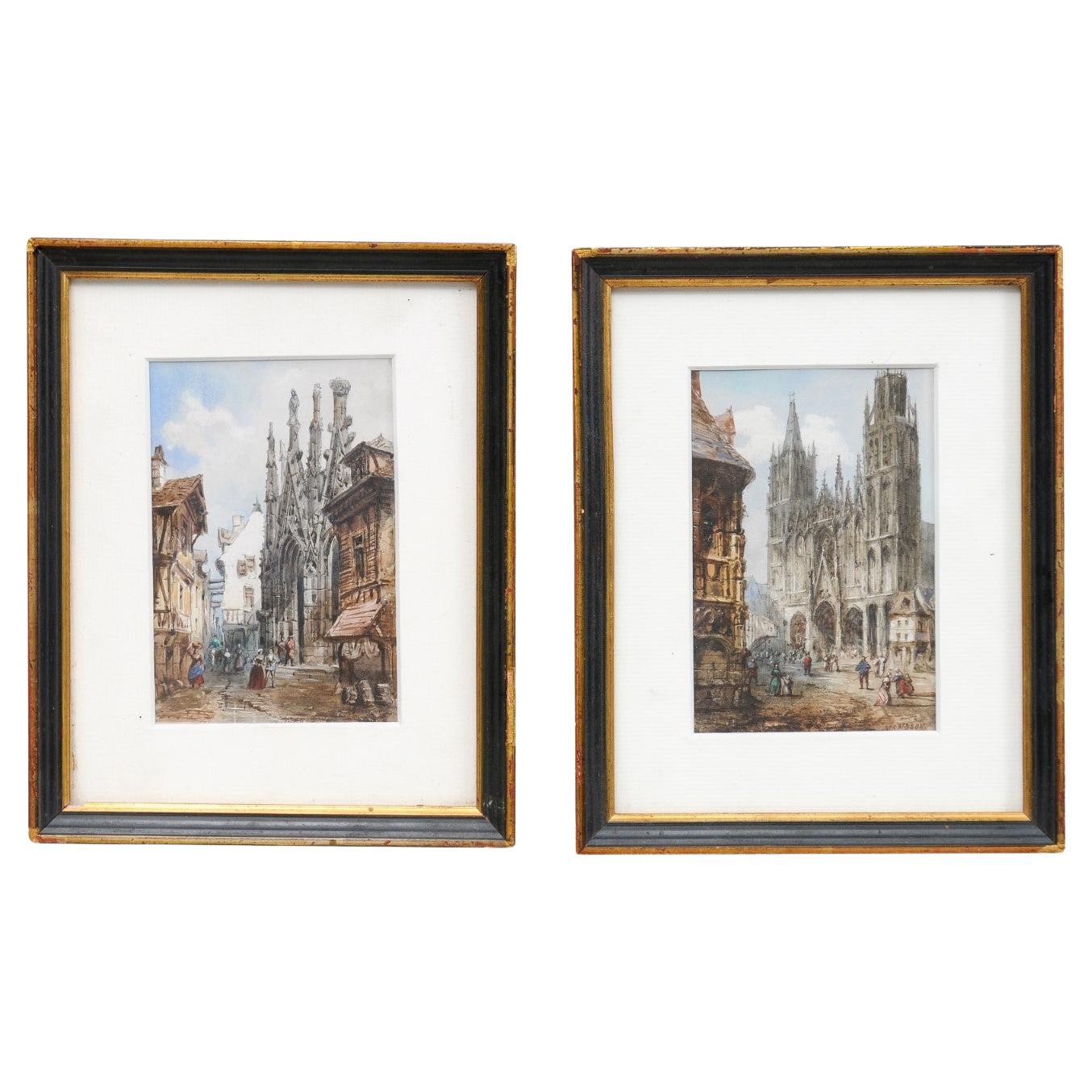Paire d'aquarelles encadrées représentant des églises gothiques par Thodore Henri Mansson en vente