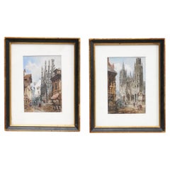 Paire d'aquarelles encadrées représentant des églises gothiques par Thodore Henri Mansson