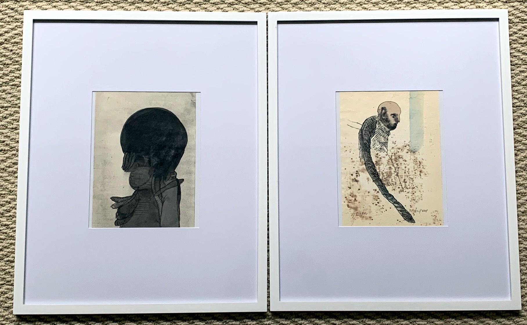 Two ink and water color on paper by Mexican artist Jose Luis Cuevas (1934-2017). Presented in a pair of white frames. One with both side drawn. Both depict a distorted figure commonly seen in the artist's work. Some Spanish writing can be seen as