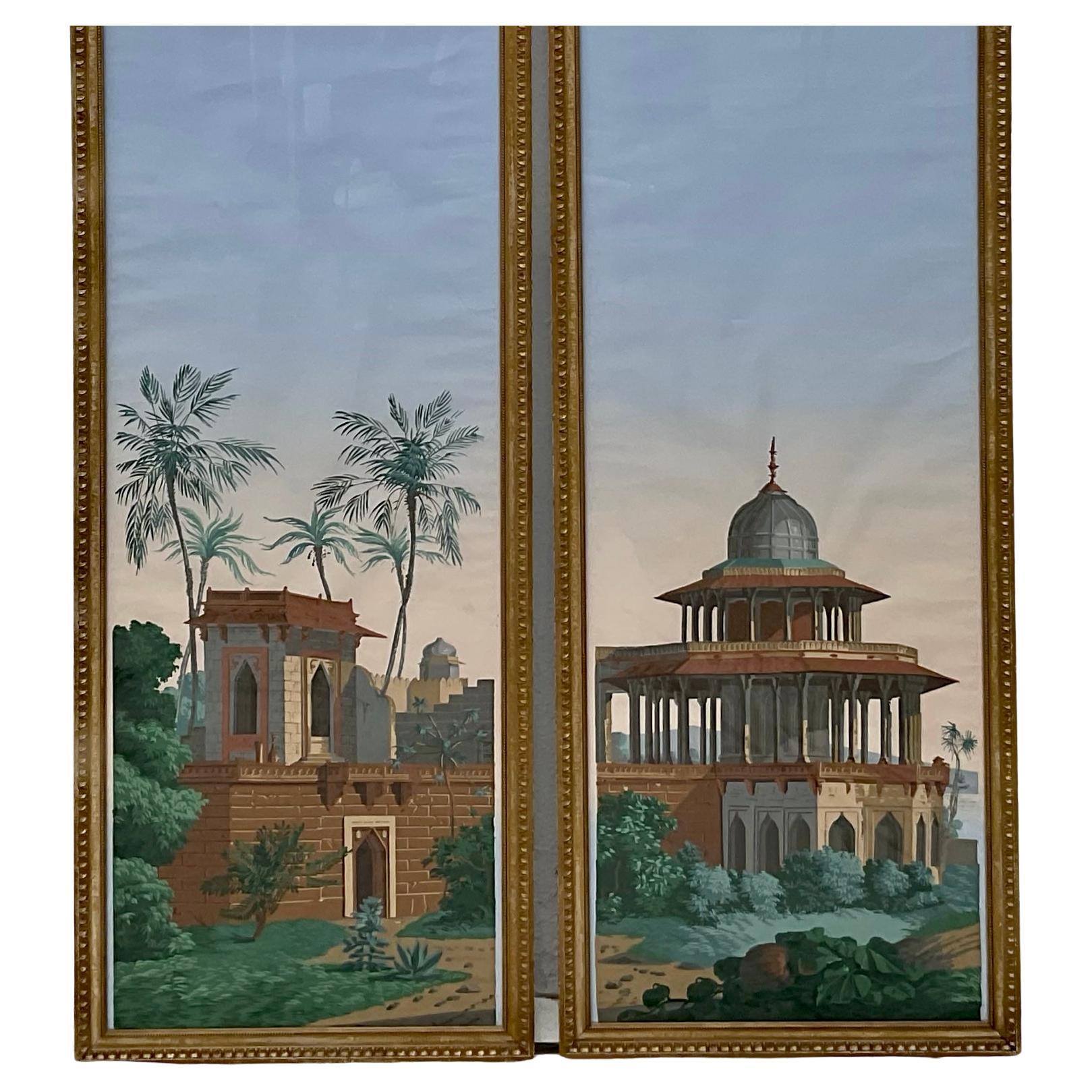 French Pair Of Framed Zubar Wallpaper Panels For Sale