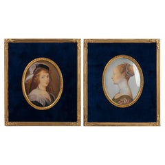 Antique Pair of Frames, Gold Bronze Mounting, Velvet and Hand Painting, 19th Century