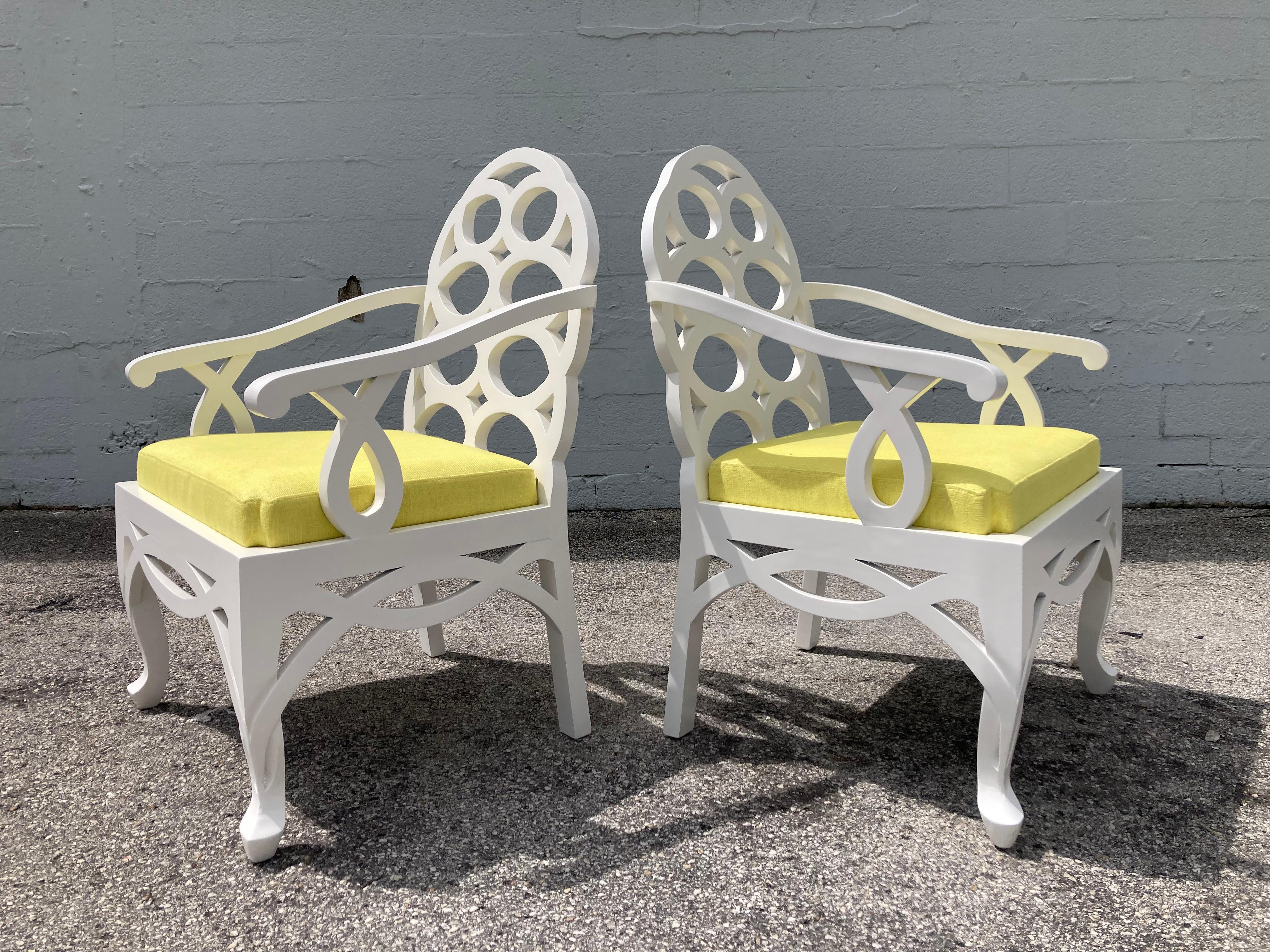 Pair of Frances Elkins loop lounge chairs, based on the 1930’s iconic models. The chairs have satin off-white lacquer finish and freshly upholstered yellow seats.
The chairs are in great condition, ready for a new home.