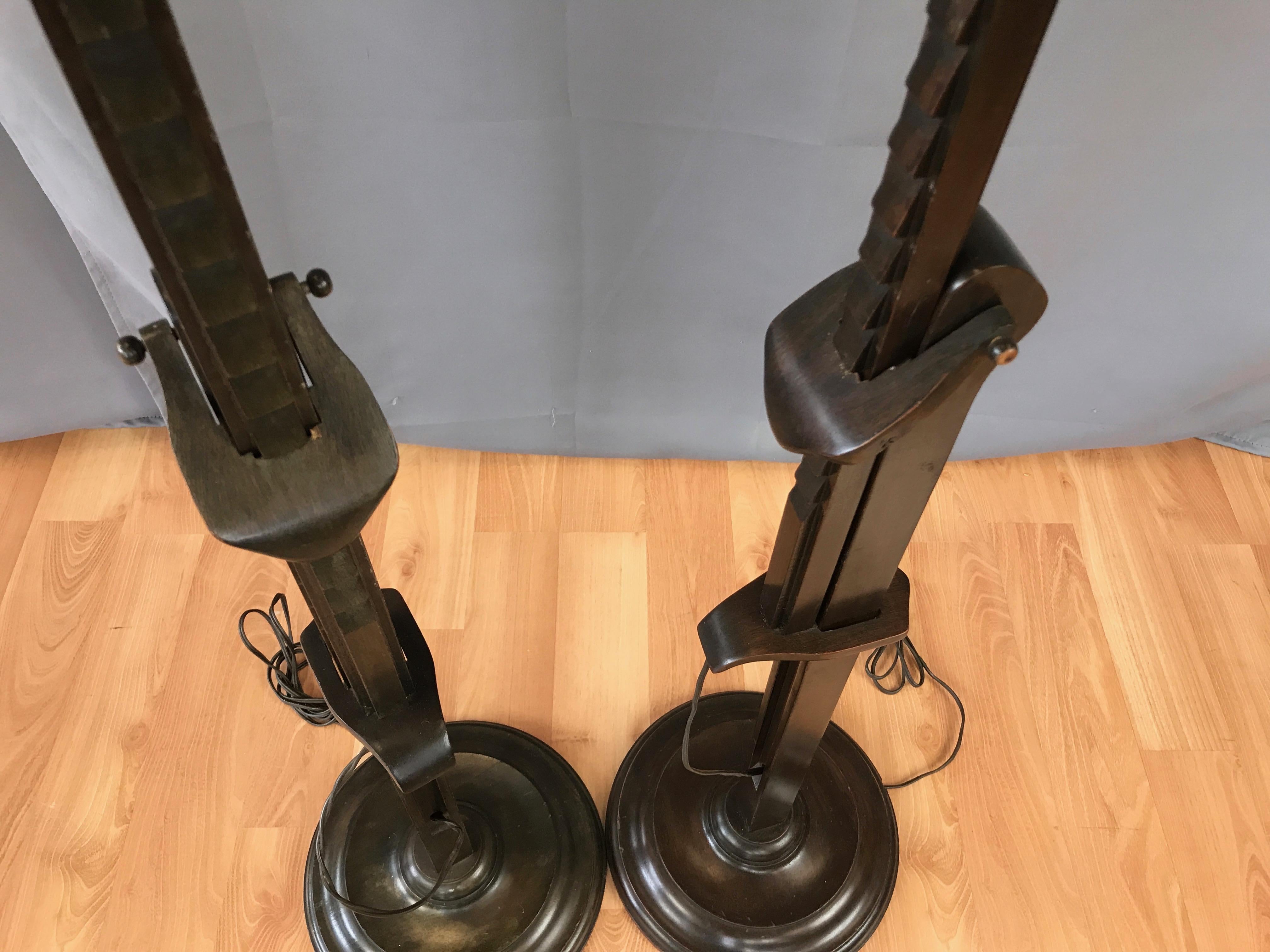 Pair of Frances Elkins Ratcheted Adjustable Height Mahogany Floor Lamps, 1940s 3