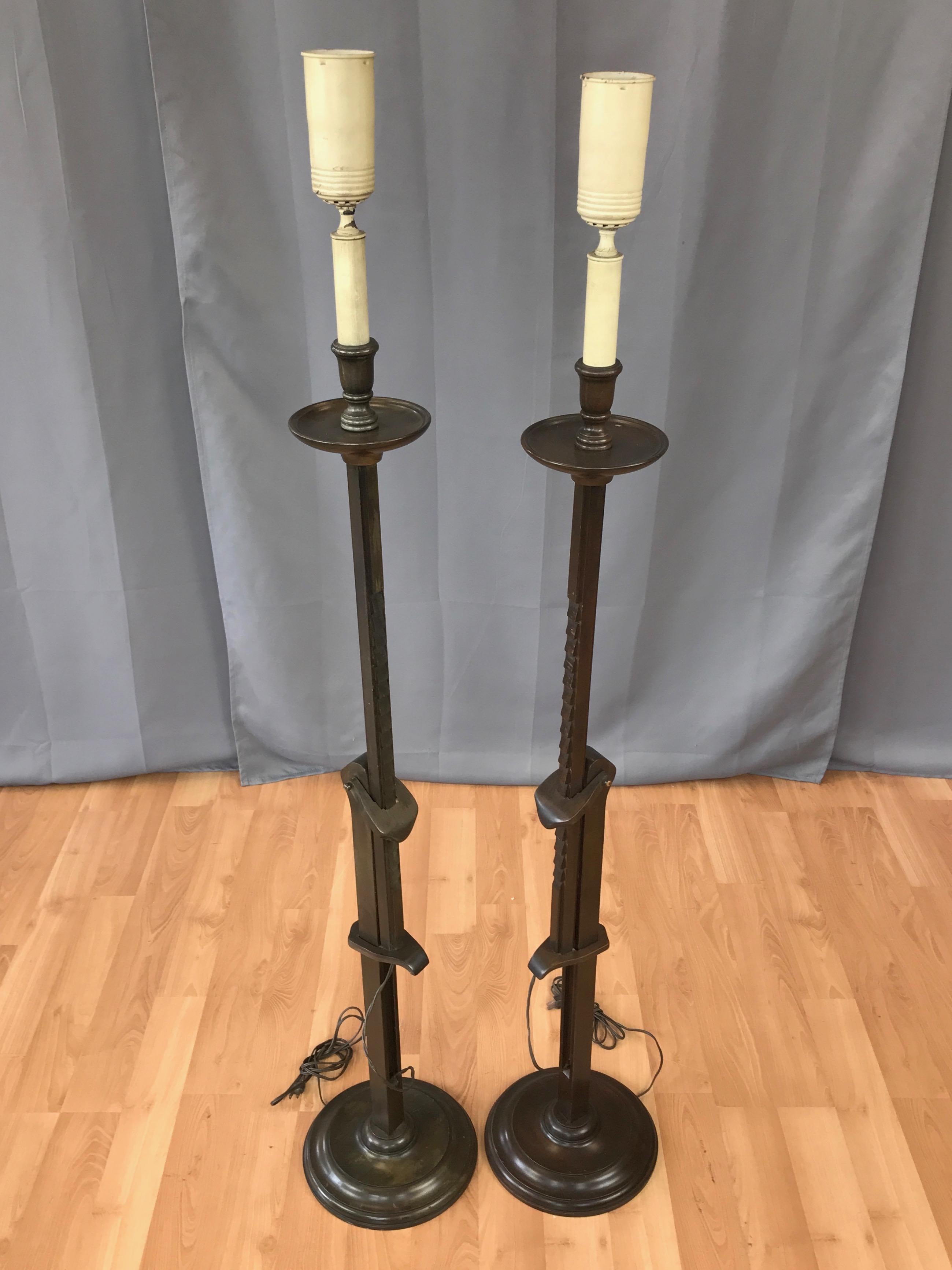 Mission Pair of Frances Elkins Ratcheted Adjustable Height Mahogany Floor Lamps, 1940s