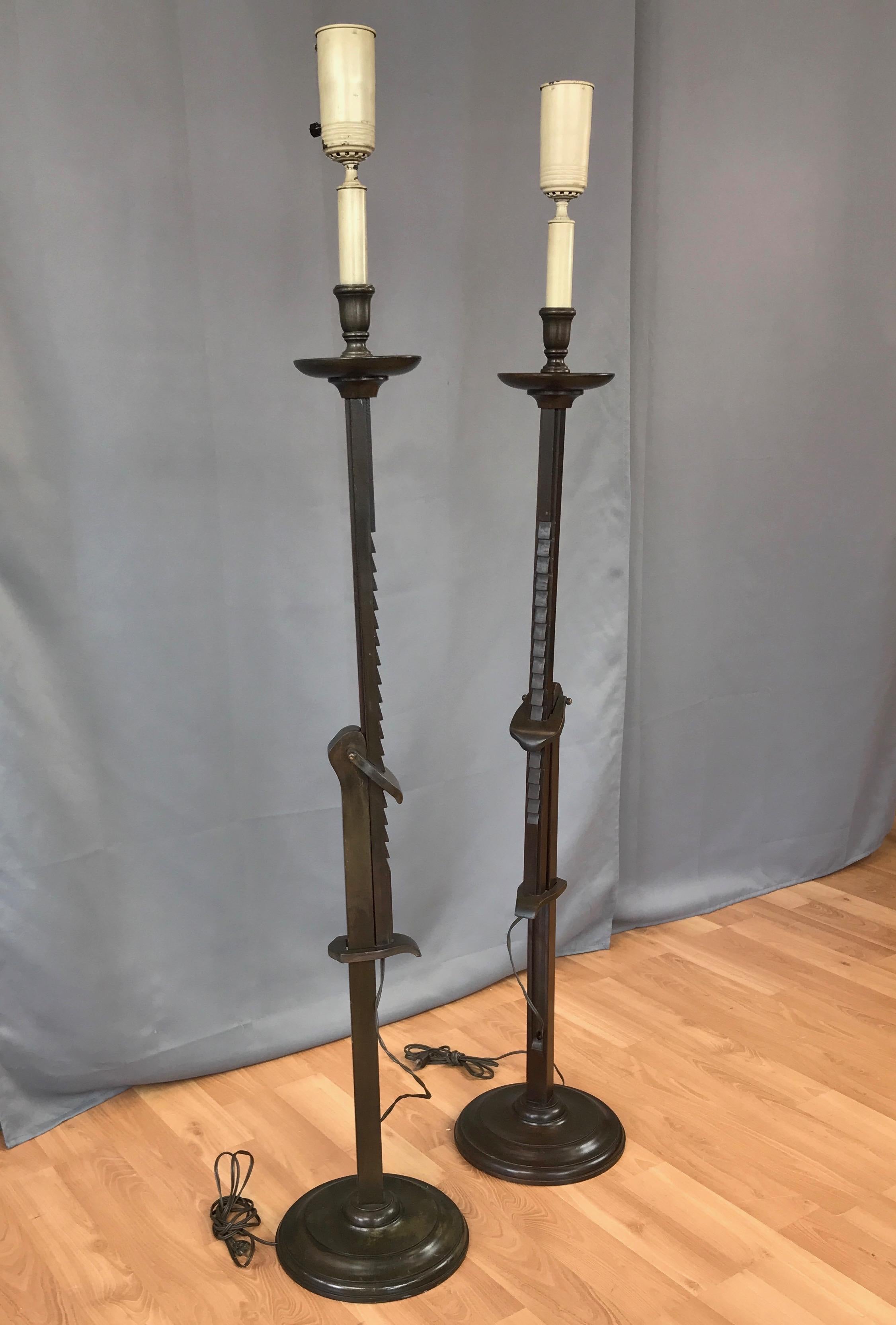 American Pair of Frances Elkins Ratcheted Adjustable Height Mahogany Floor Lamps, 1940s