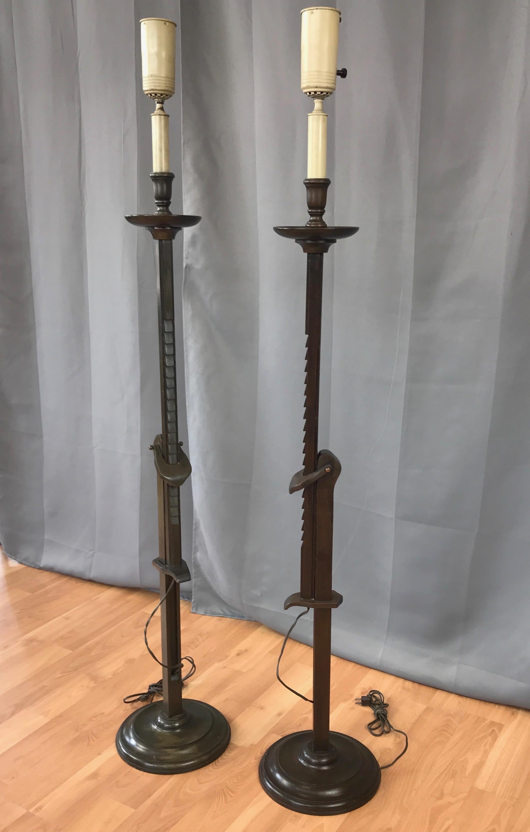 Enameled Pair of Frances Elkins Ratcheted Adjustable Height Mahogany Floor Lamps, 1940s