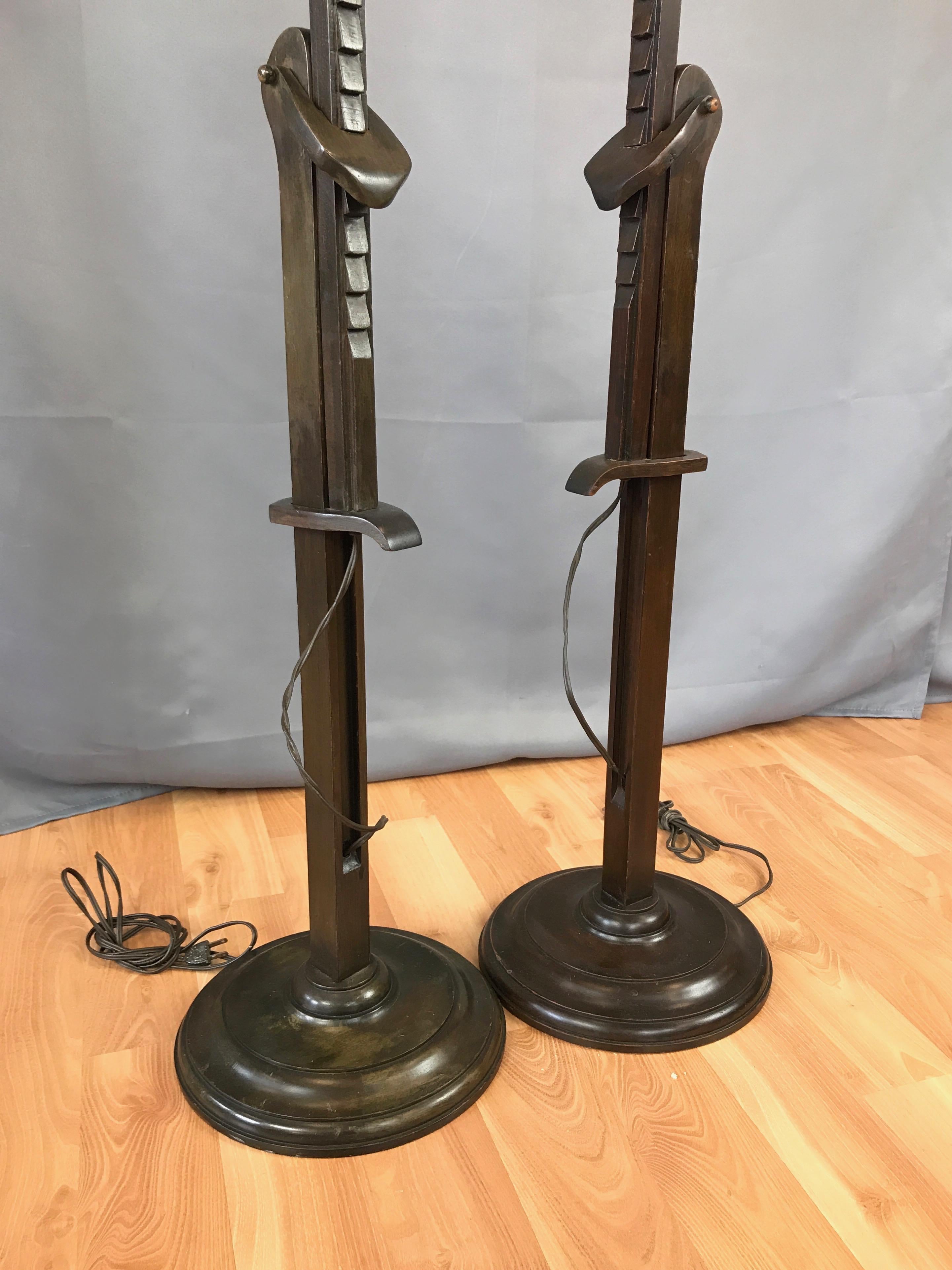 Pair of Frances Elkins Ratcheted Adjustable Height Mahogany Floor Lamps, 1940s 1
