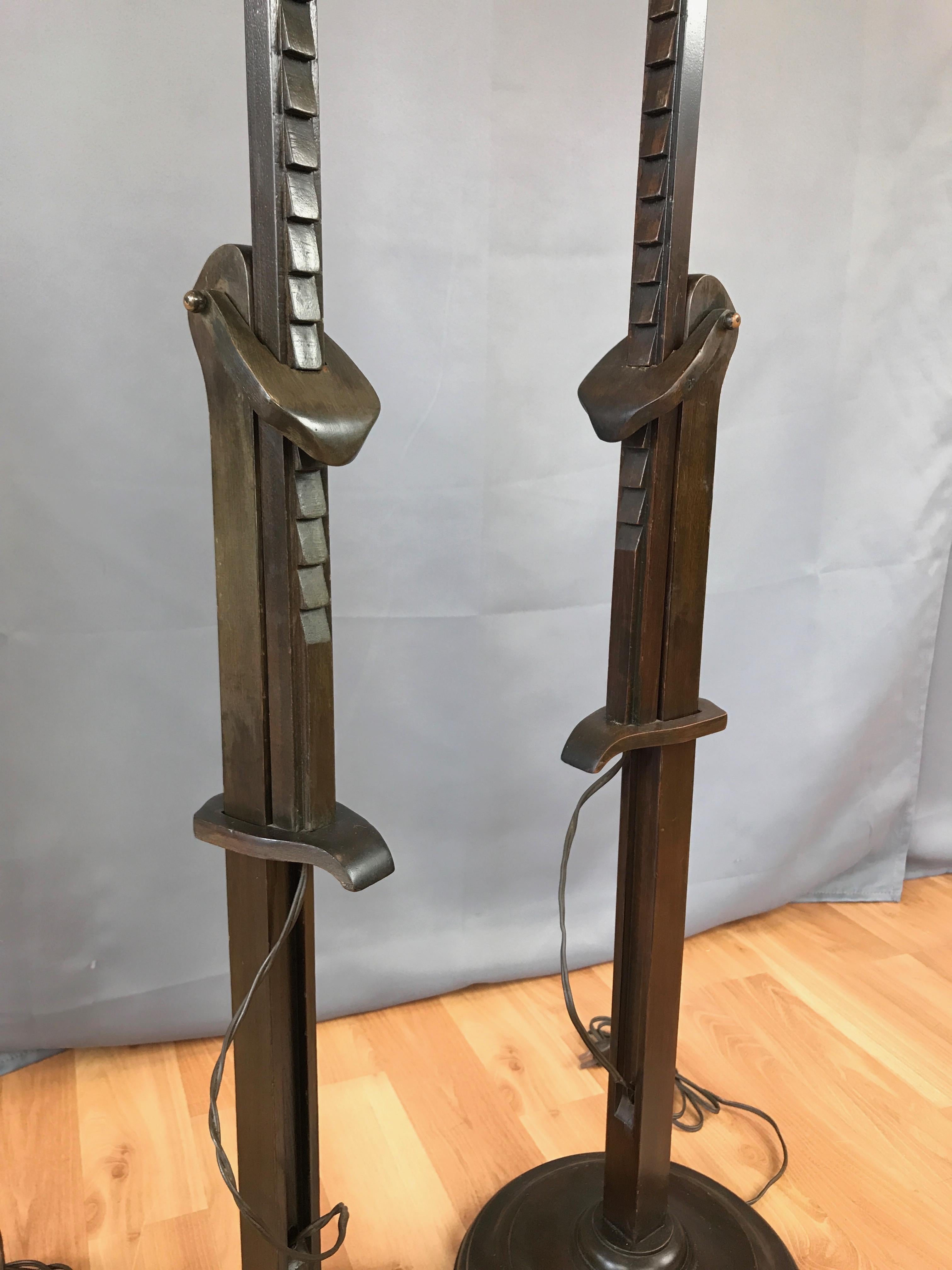Pair of Frances Elkins Ratcheted Adjustable Height Mahogany Floor Lamps, 1940s 2