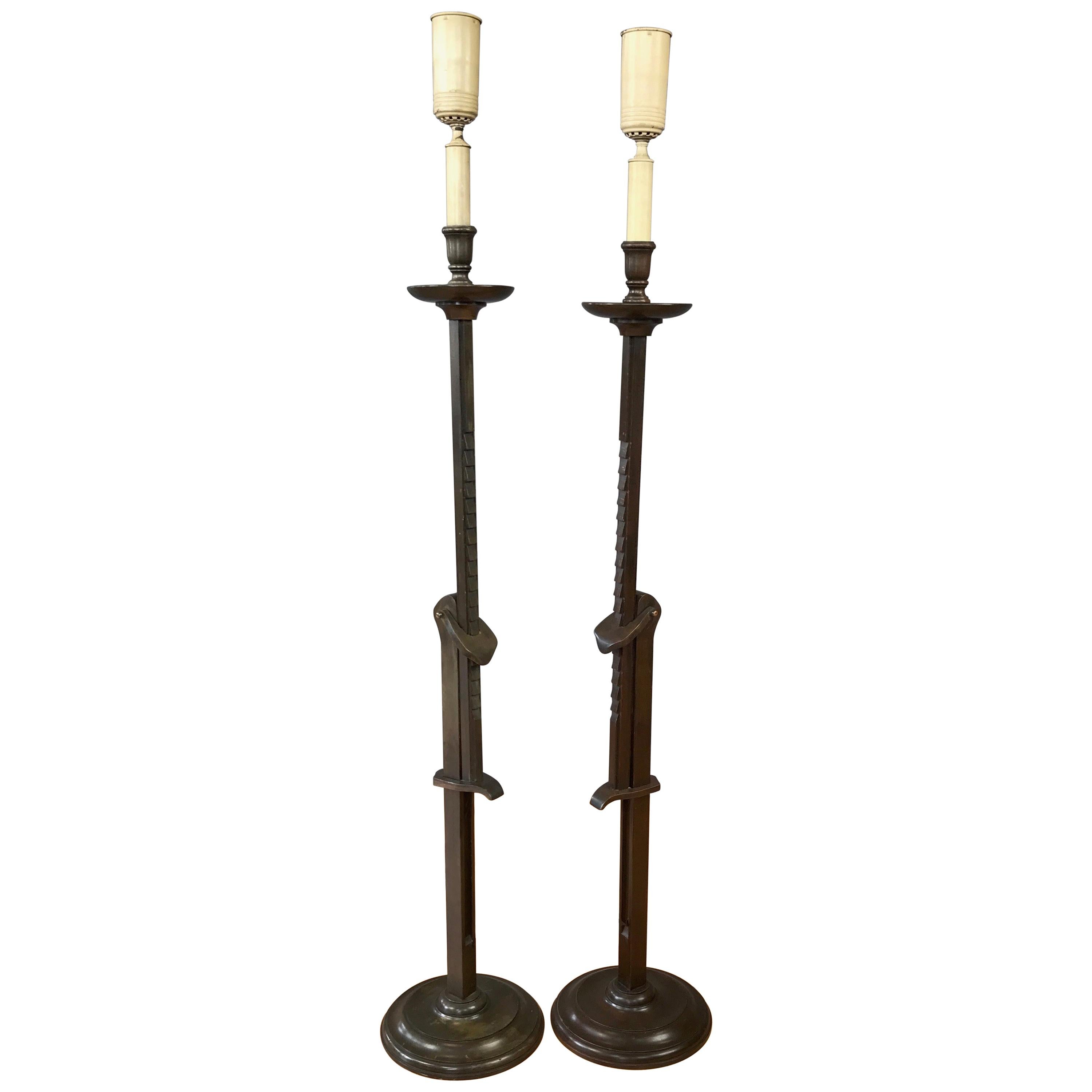 Pair of Frances Elkins Ratcheted Adjustable Height Mahogany Floor Lamps, 1940s