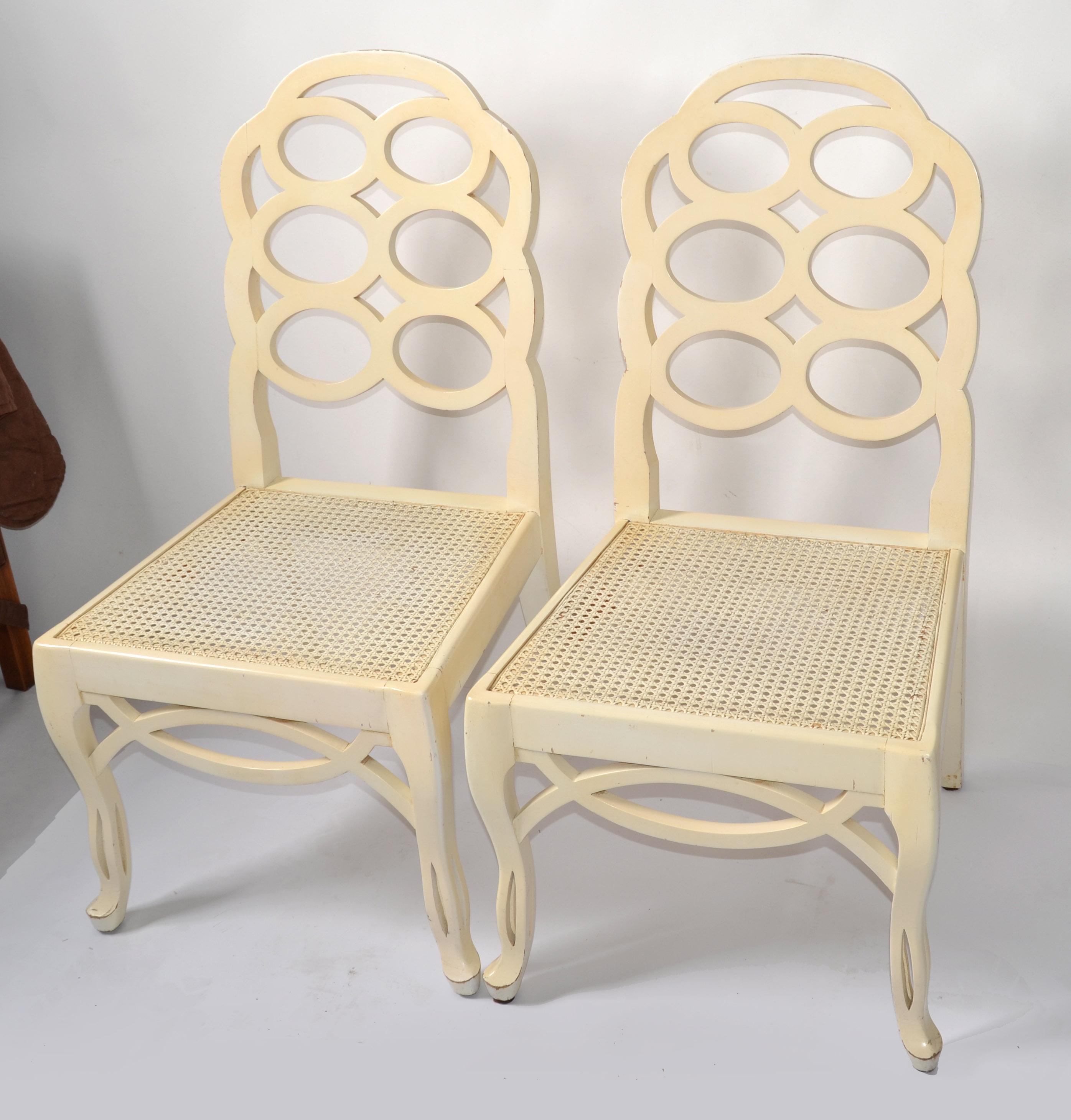 Spanish Pair of Frances Elkins Wood Cane Seat Loop Backrest Beige Side Chairs Regency  For Sale