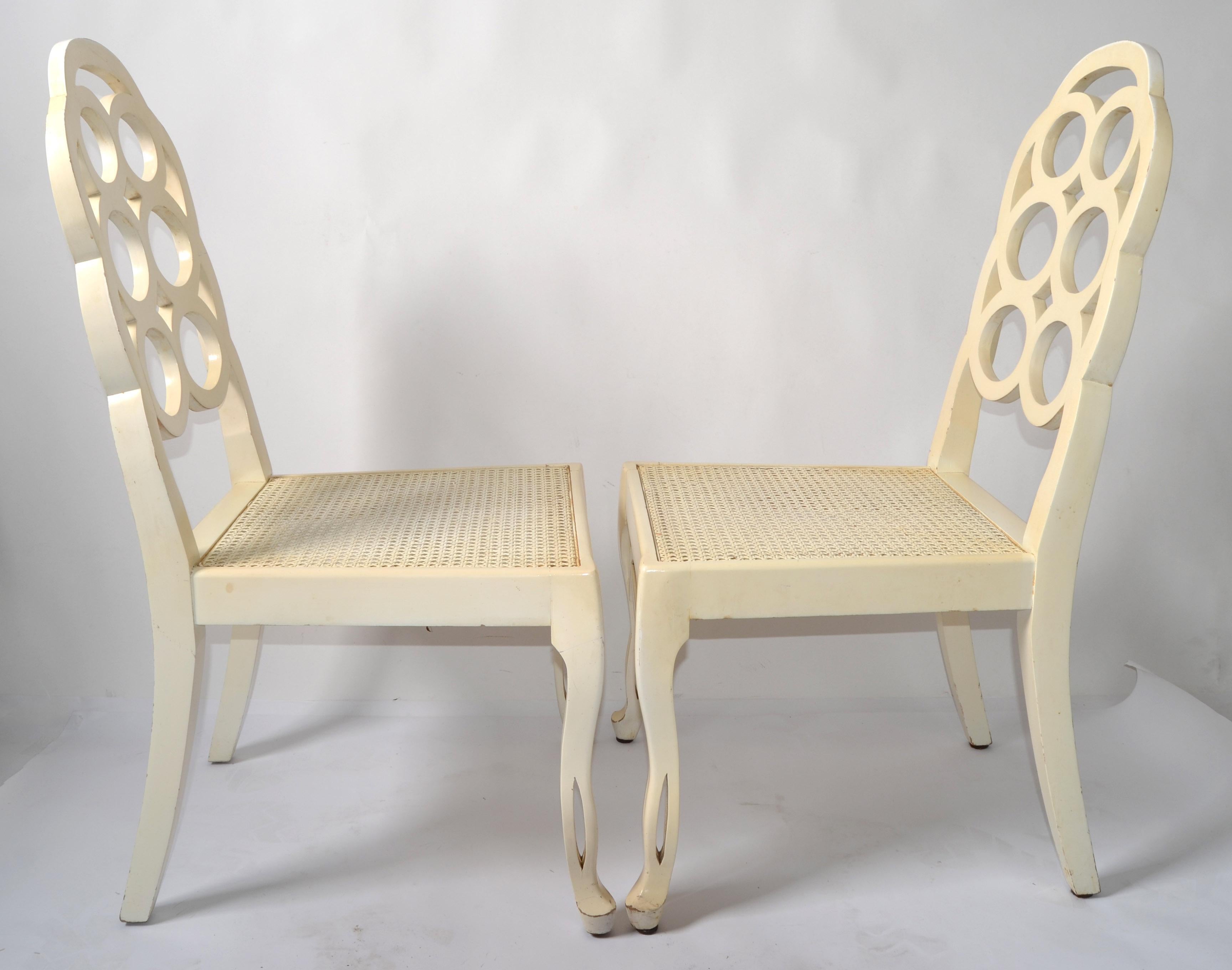 Carved Pair of Frances Elkins Wood Cane Seat Loop Backrest Beige Side Chairs Regency  For Sale