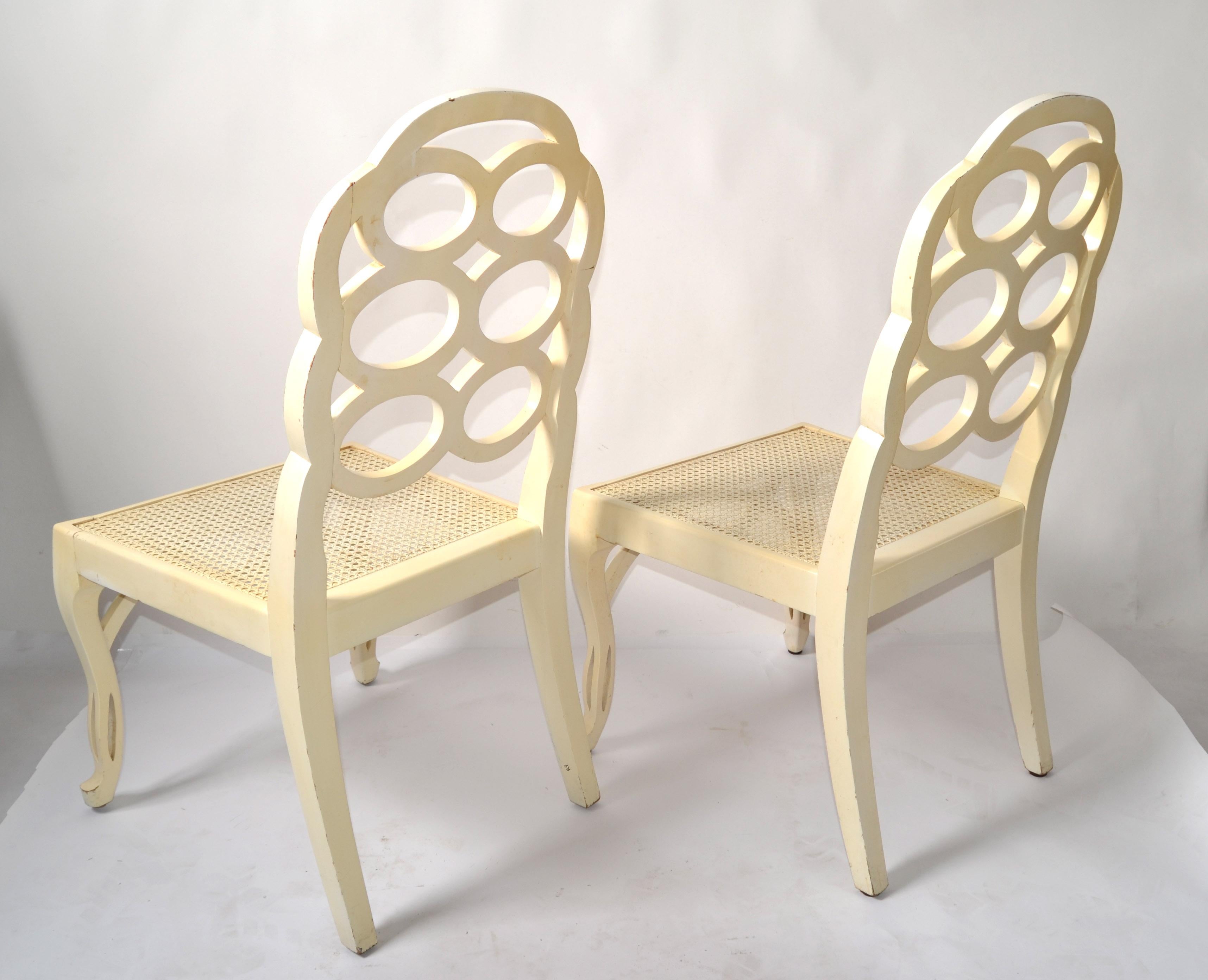 Mid-20th Century Pair of Frances Elkins Wood Cane Seat Loop Backrest Beige Side Chairs Regency  For Sale