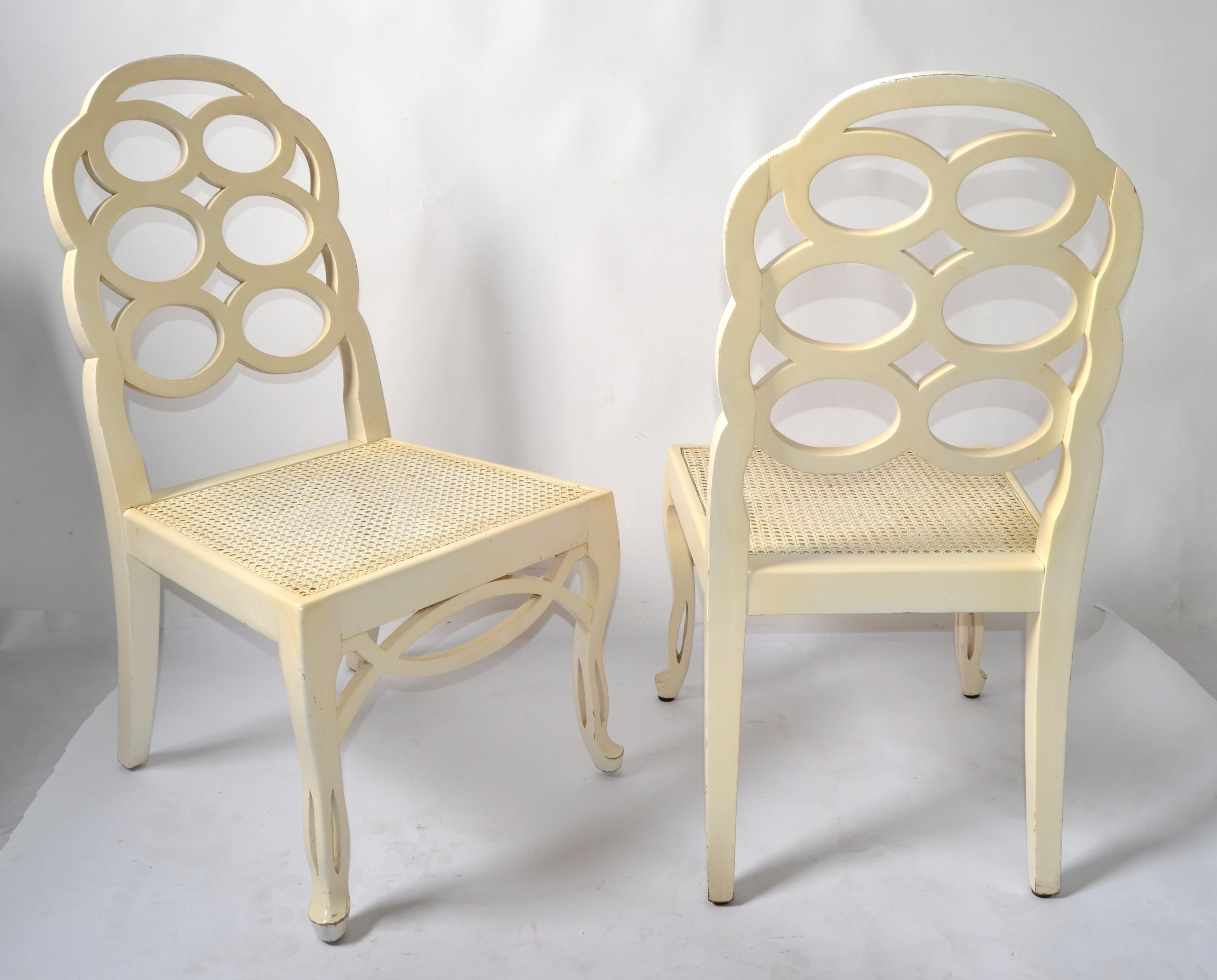 Pair of Frances Elkins Wood Cane Seat Loop Backrest Beige Side Chairs Regency  For Sale 1