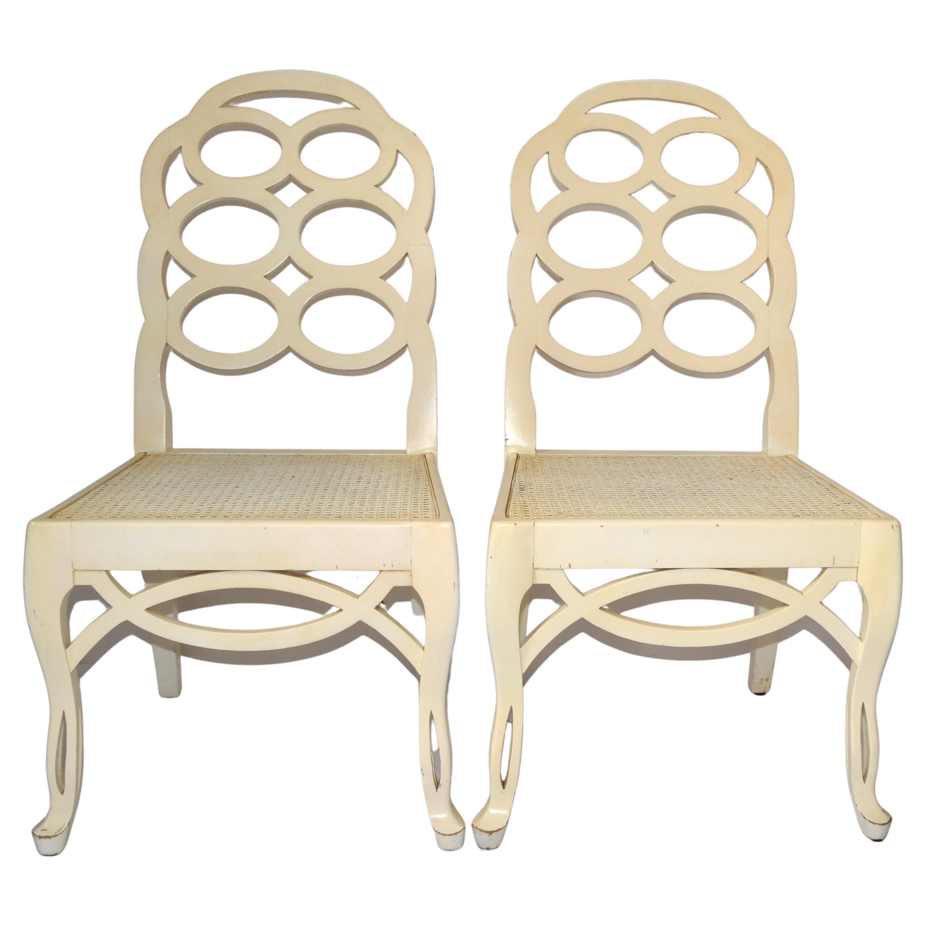 Pair of Frances Elkins Wood Cane Seat Loop Backrest Beige Side Chairs Regency 