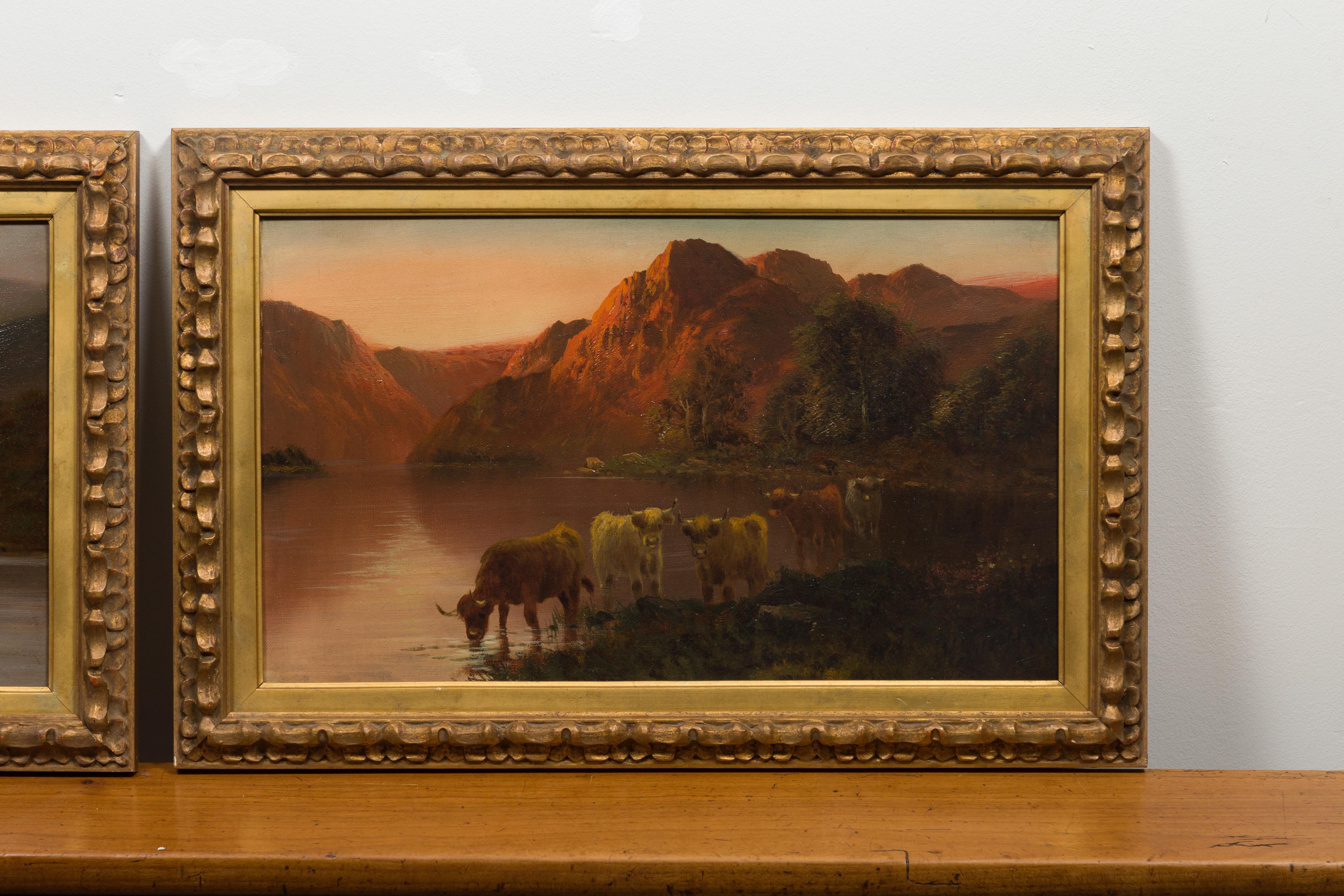 Canvas Pair of Francis E. Jamieson Framed Oil Paintings of Scottish Highland Cows