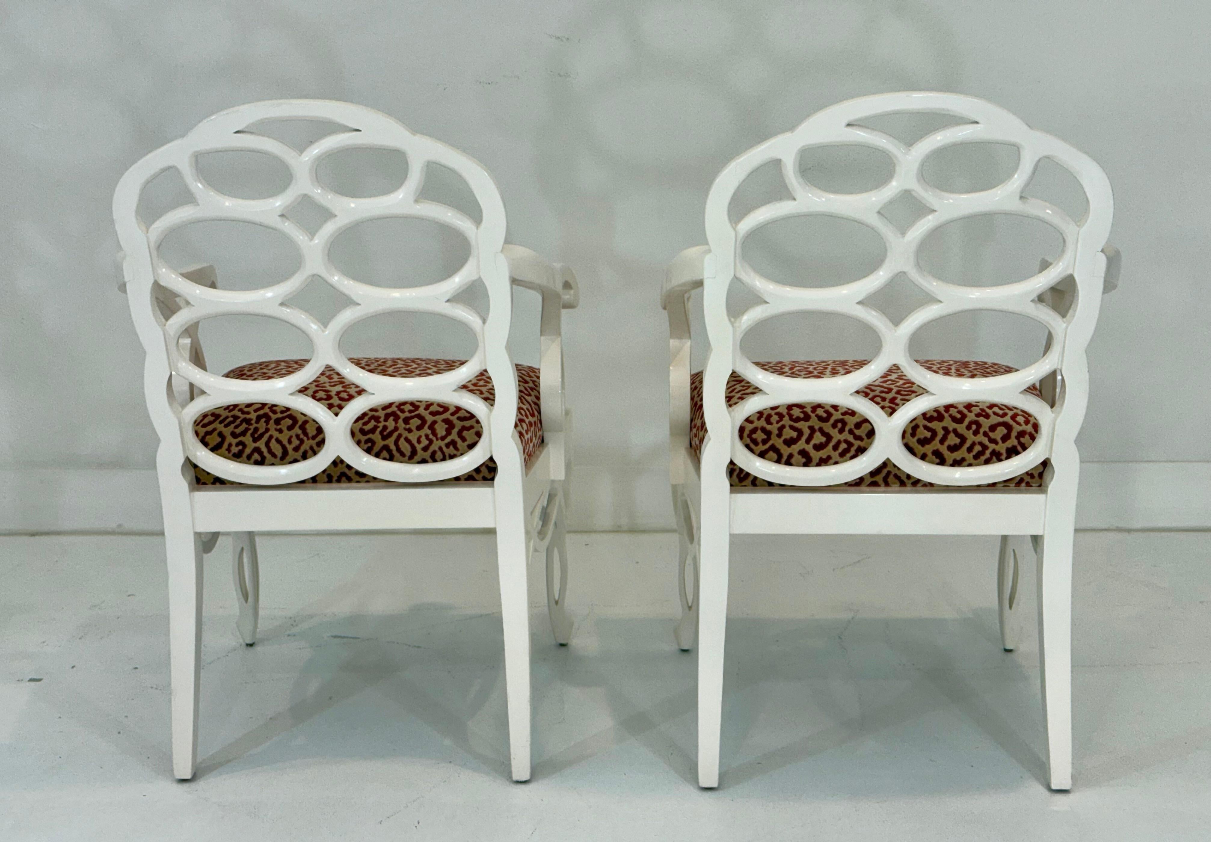Lacquered Pair of Francis Elkins Loop Chairs, with Leopard Velvet Seats For Sale