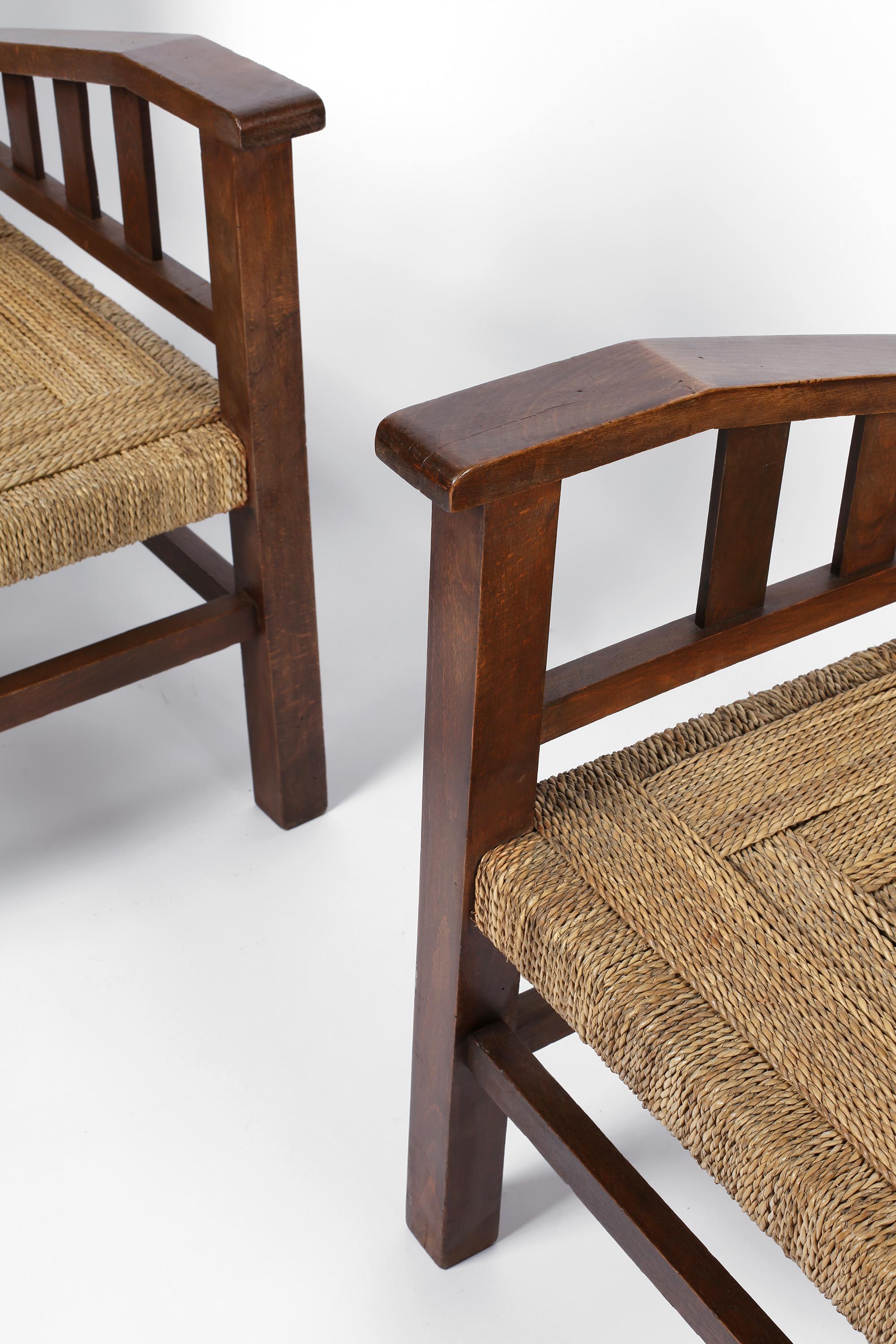 Pair of Francis Jourdain Armchairs in Beech and Seagrass, French, circa 1930s 6