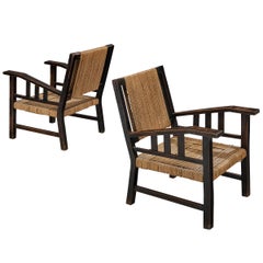 Pair of Francis Jourdain Lounge Chairs in Woven Rush and Wood