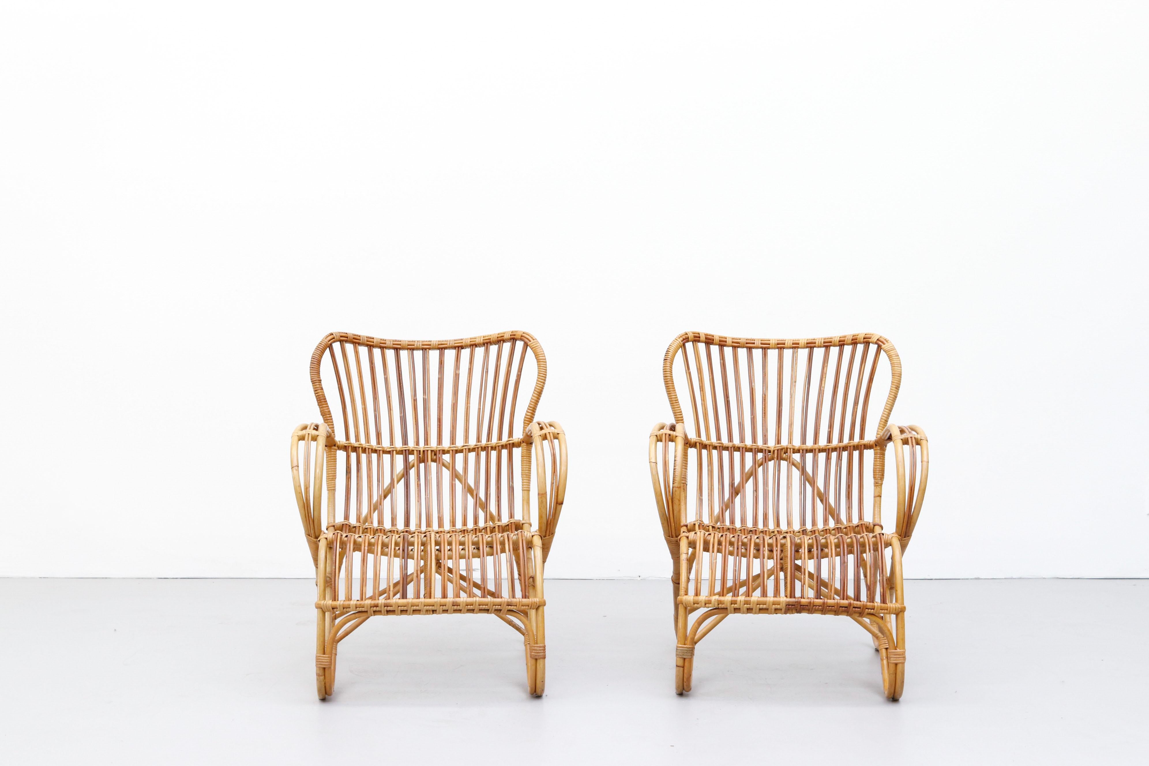 Pair of Franco Albini Inspired bamboo lounge chairs by Rohé Noordwolde. In original condition with wear consistent with age and use. Similar Chairs Also Available (LU922423349672) Listed Separately. Set price.
